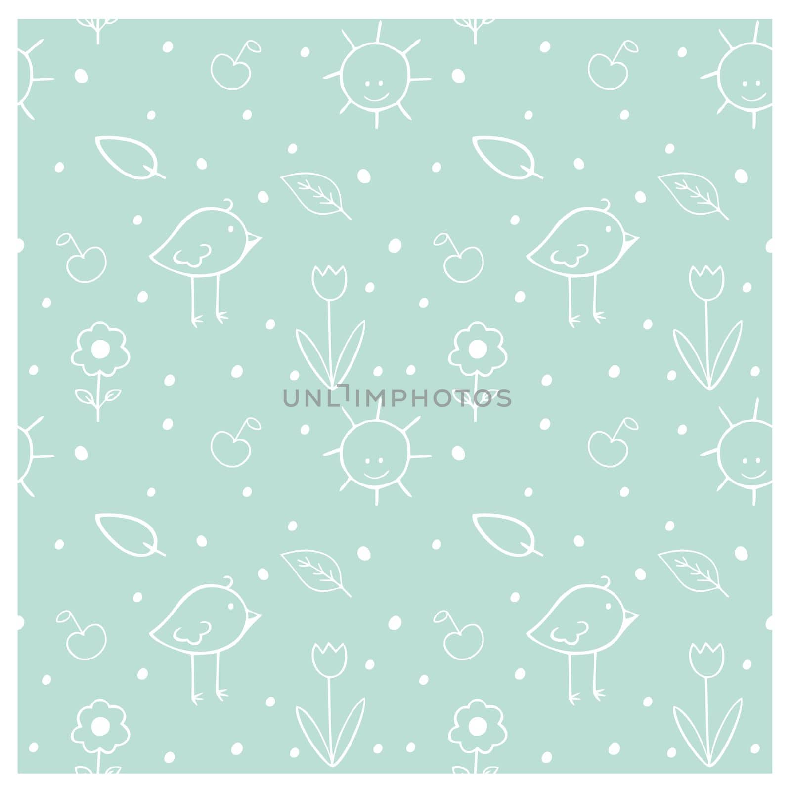 Seamless children's pattern with cartoon Doodle birds, flowers, sun, leaves. Creative Children's green contour texture for fabric, packaging, textiles, Wallpaper, clothing. Vector illustration by polinka_art