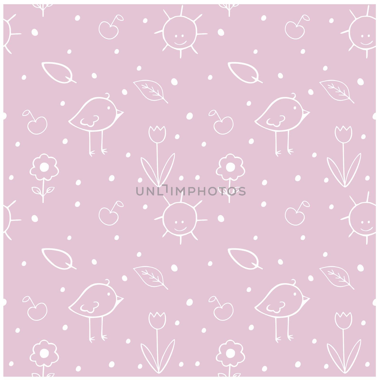 Lilac and pink seamless children's background with children's Doodle illustrations of a bird, a contoured flower, a twig, a cheerful sun. Endless pattern for children's room, textiles, clothing printing, Wallpaper.