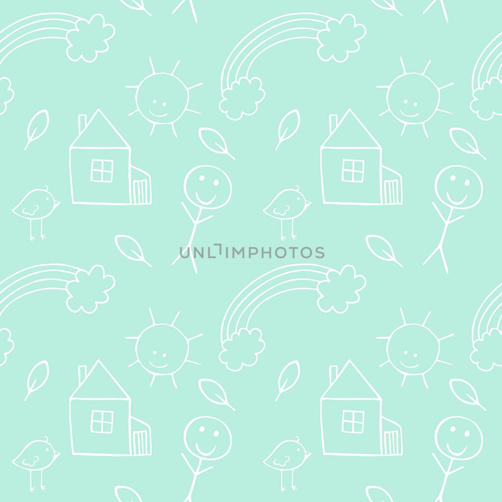 Green seamless children's background with children's doodles-pencil illustrations of birds, people, twigs, house. Endless pattern for children's room, textiles, clothing printing, Wallpaper.