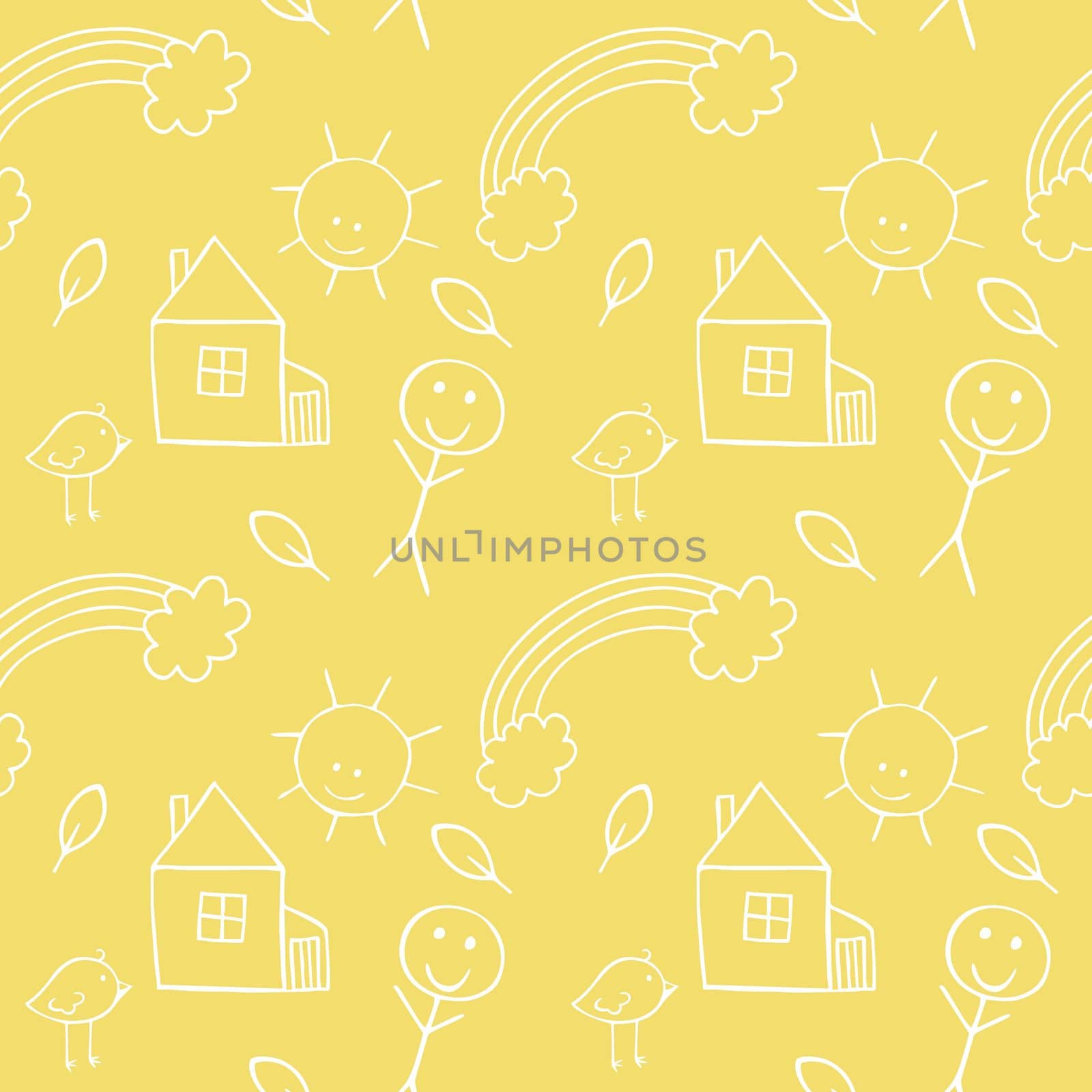 Yellow children's pattern with Doodle drawings in pencil by hand. Seamless background for a newborn. Repeating vector pattern. Illustration for textiles, fabrics, clothing, packaging.
