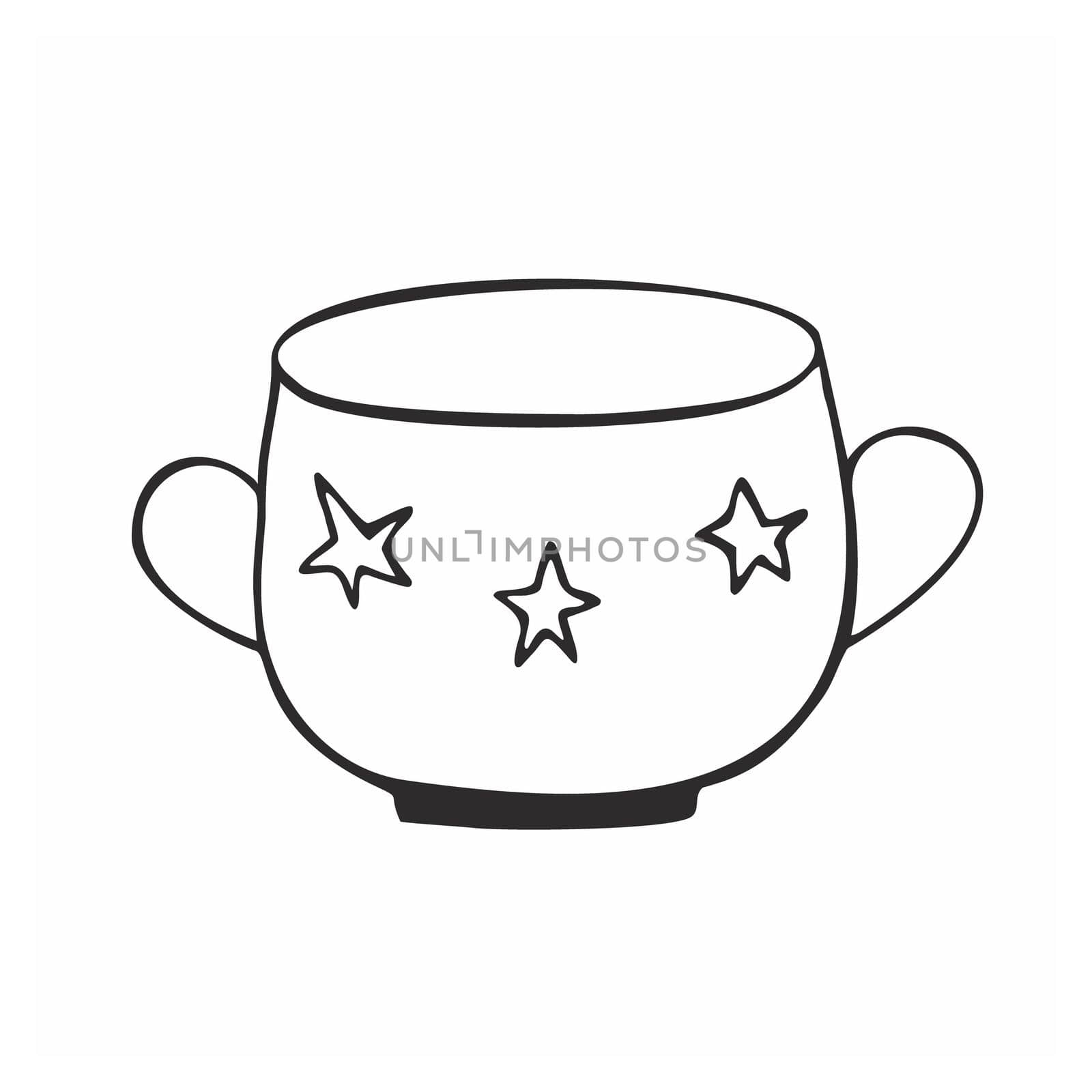 A wide sugar bowl with a star pattern isolated on a white background. Mug for tea, coffee and tea ceremony. Vector contour illustration of a child's Doodle. Logo of a cafe, restaurant, or bar