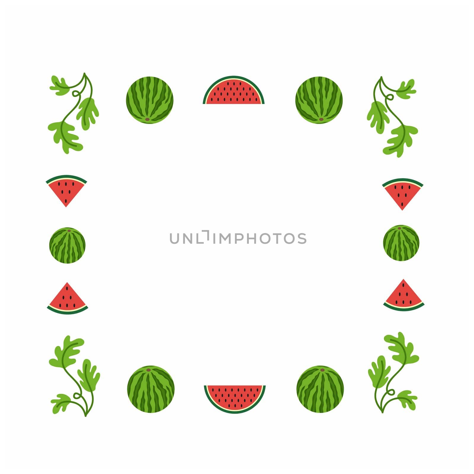 Square frame for making photos with watermelon, watermelon slice and leaves. Design of fruit summer festival and watermelon festival. Vector cartoon illustration