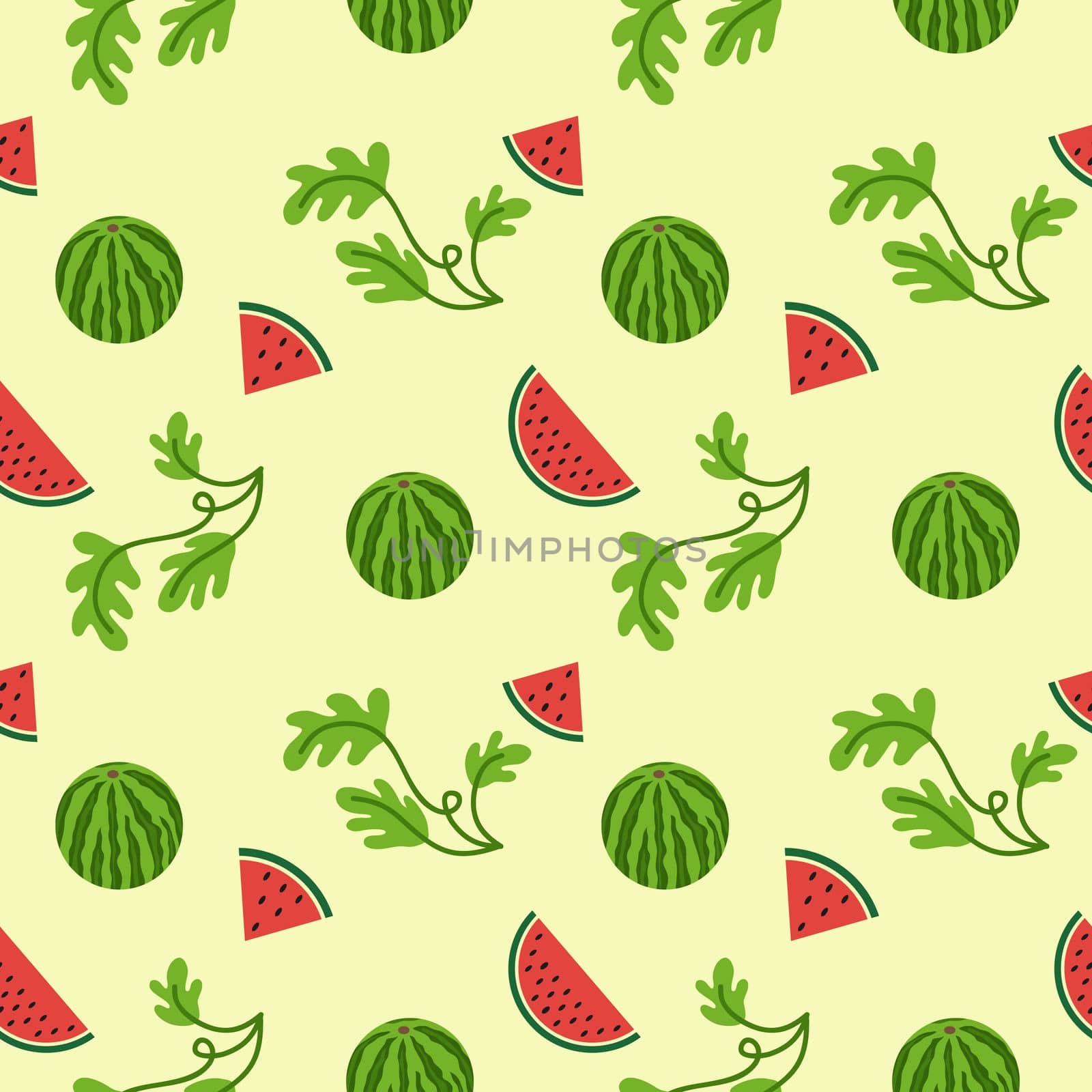 National watermelon day in the United States. Seamless endless background and pattern with watermelon, watermelon slice and seeds. Textile design, tailoring, fabric or paper packaging. by polinka_art