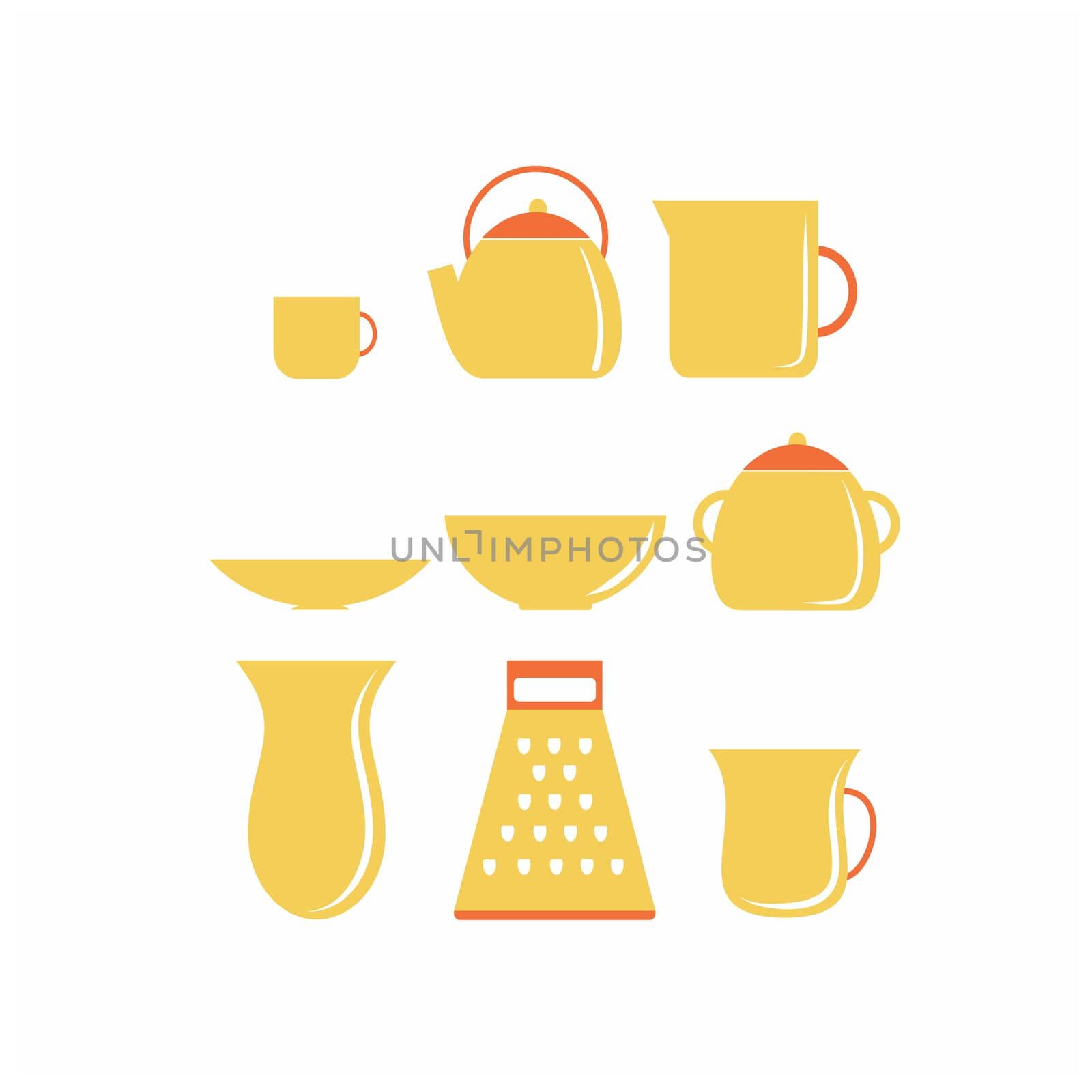 A set of yellow kitchen utensils and household items. A glass, a kettle, a bowl for tea. Vector flat illustration. Clipart on the topic of cooking. Icons for cafes, restaurants, bars, and kitchens.