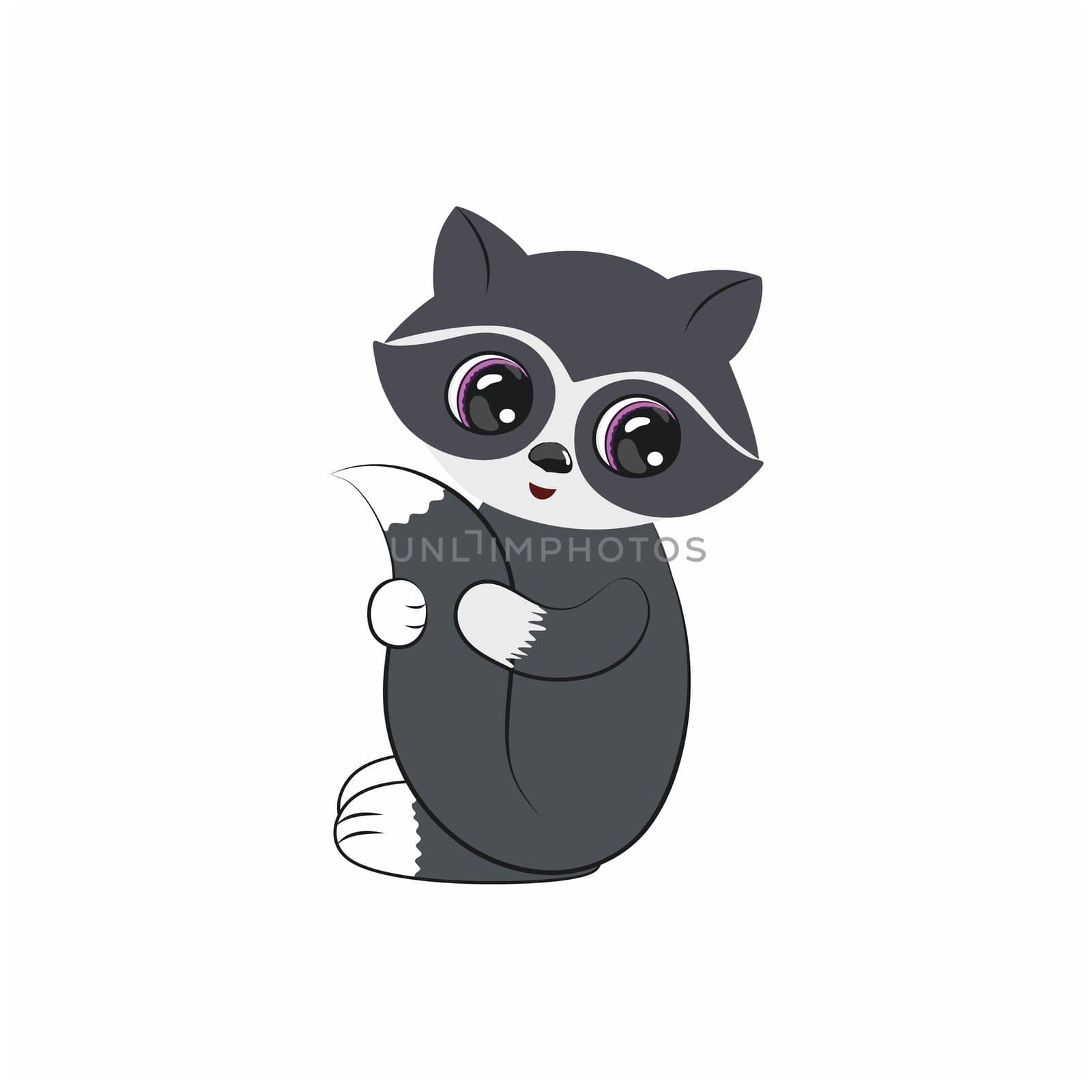 Cute raccoon with big eyes isolated on a white background. Vector cartoon illustration for children, children's book, poster, logo. Drawing of an animal raccoon for a newborn by polinka_art