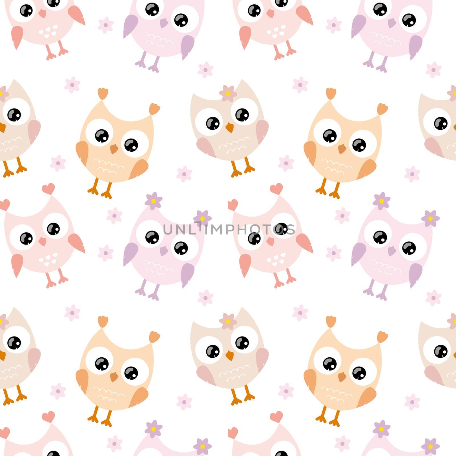 Cute owls with big eyes on a white background are isolated. Children's seamless pattern for textiles, fabrics, packaging, Wallpaper in the children's room. Vector cartoon drawing of an owl for a child