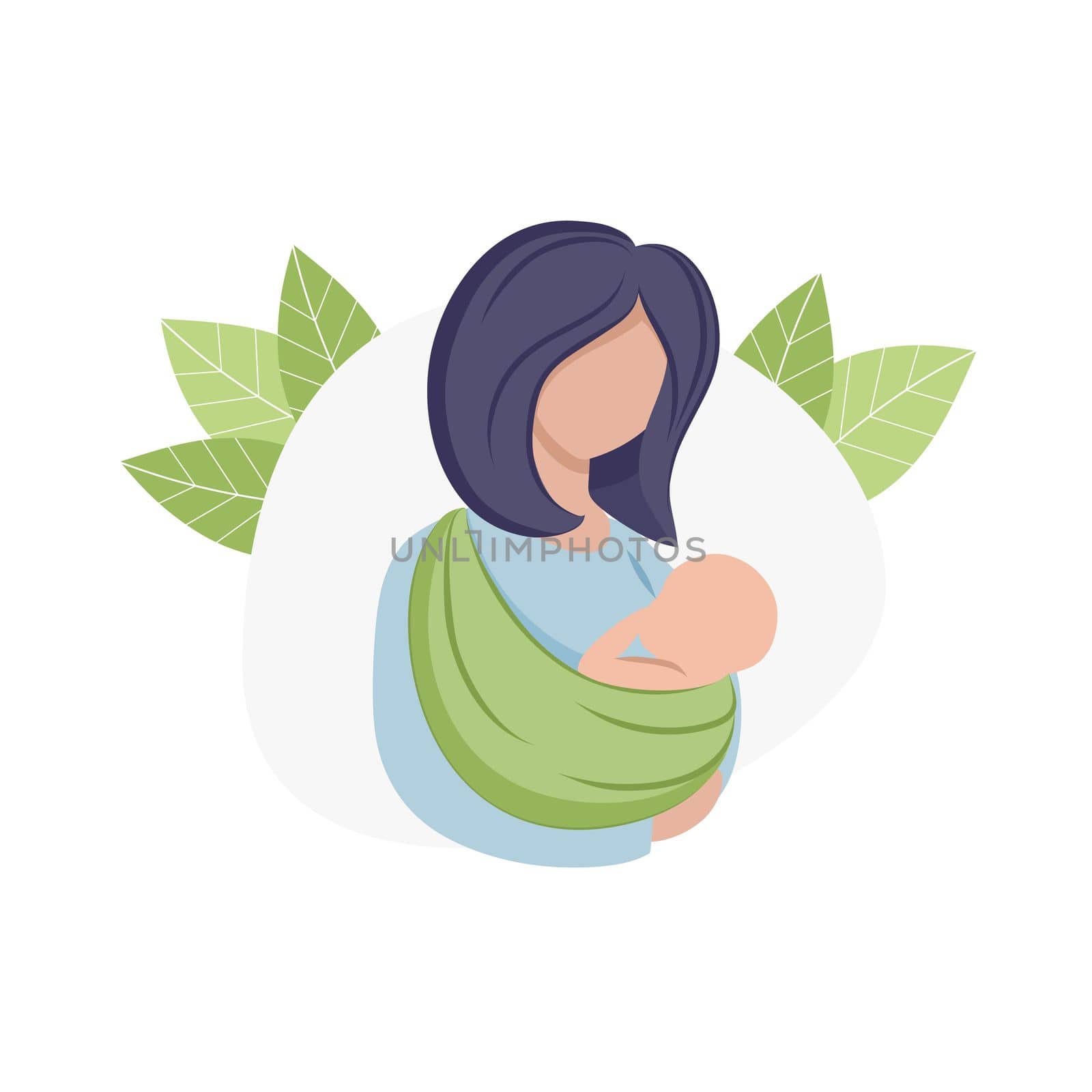 A mother holds a baby in a kangaroo carrier sling. Maternity, pregnancy, childbirth. Children's products for mothers and children. Logo on a white background, isolated for the Internet by polinka_art