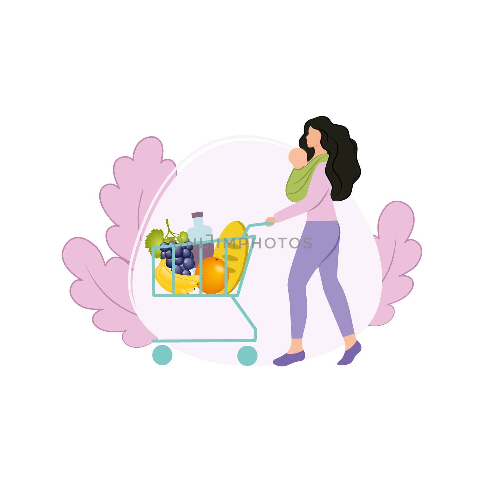 A beautiful mother with a newborn baby in a sling in her arms went to the store for shopping with a basket of products. Shopping at a grocery store. Fruit and food. Vector flat illustrations. by polinka_art