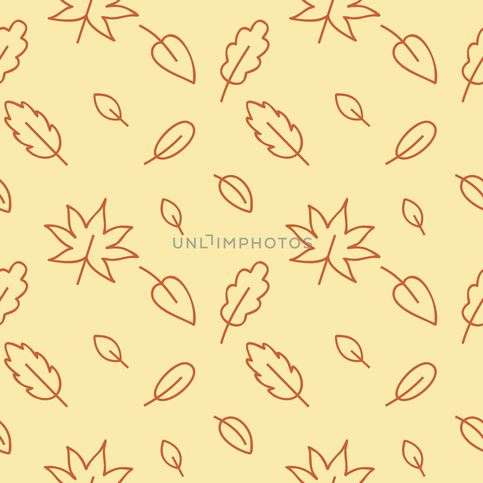 Seamless yellow autumn pattern with oak, birch, maple and wood leaves. Endless background for web pages, textiles, clothing, Wallpaper. Holiday in the style of doodles. Vector outline drawing