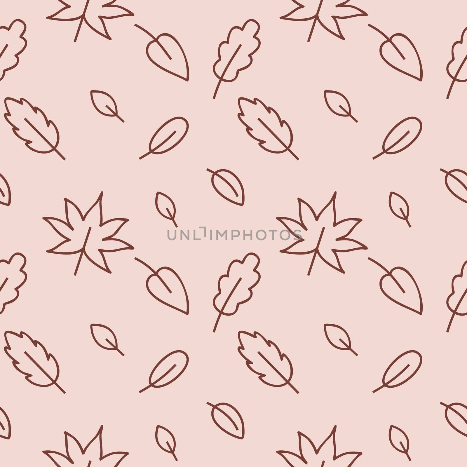 Endless seamless pattern of autumn leaves twigs flowers. Doodle texture drawn in pencil by hand outline. Vector background for textiles, Wallpaper, packaging paper, clothing. by polinka_art