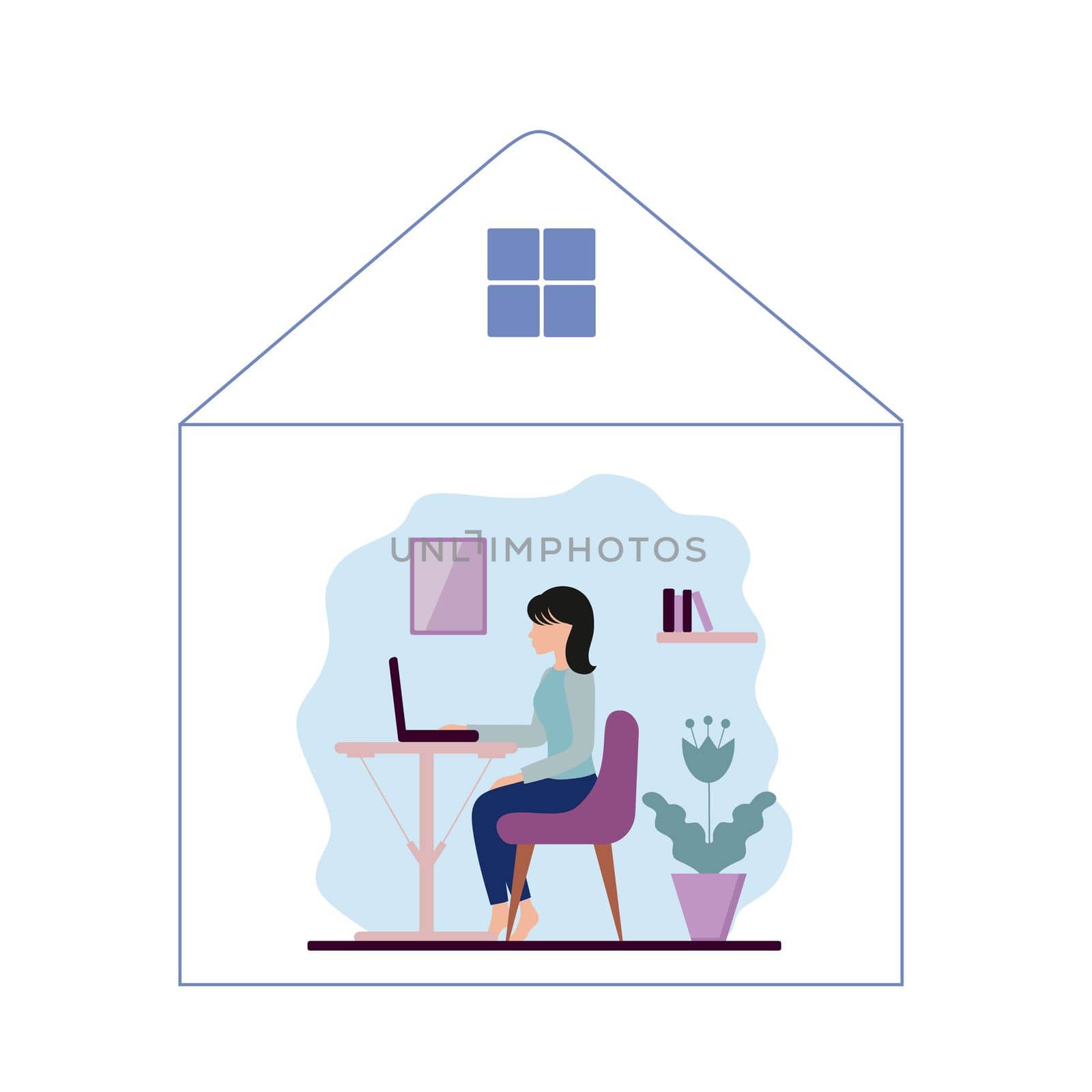 A woman works at home at a pc. The concept of freelancing, office work, isolation during the coronavirus quarantine.  Vector illustration of a flat style. by polinka_art