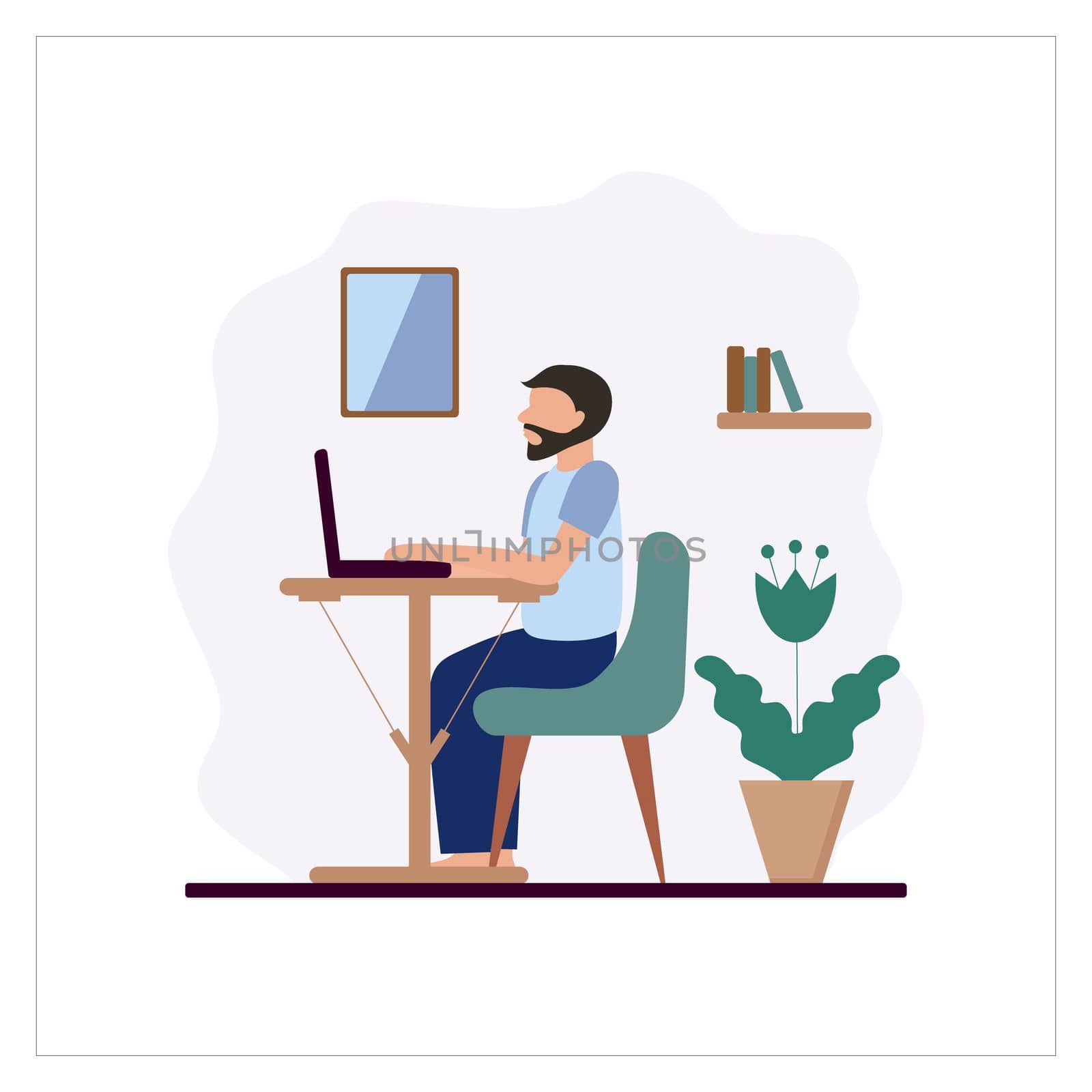 A man with a beard sits at home and works on a computer. Vector illustration in flat style. The concept of freelancing, online learning, and working at home. Isolation and coronovirus.