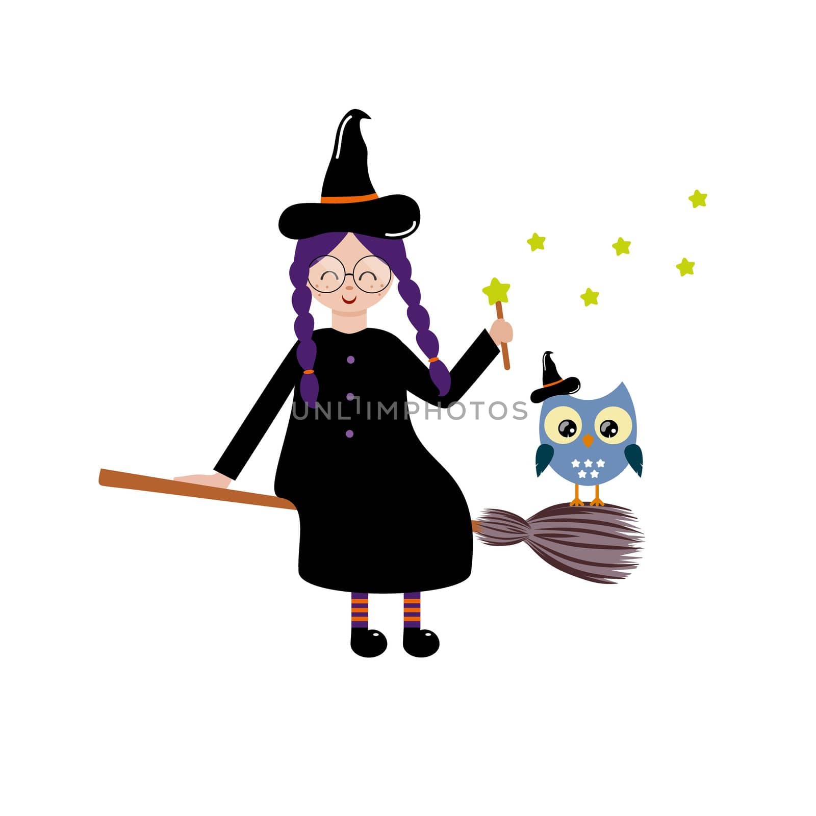 Cute witch and owl fly on a broom and conjure. Children's flat vector cartoon illustration for the Halloween holiday. Festival of witches, vampires and werewolves.