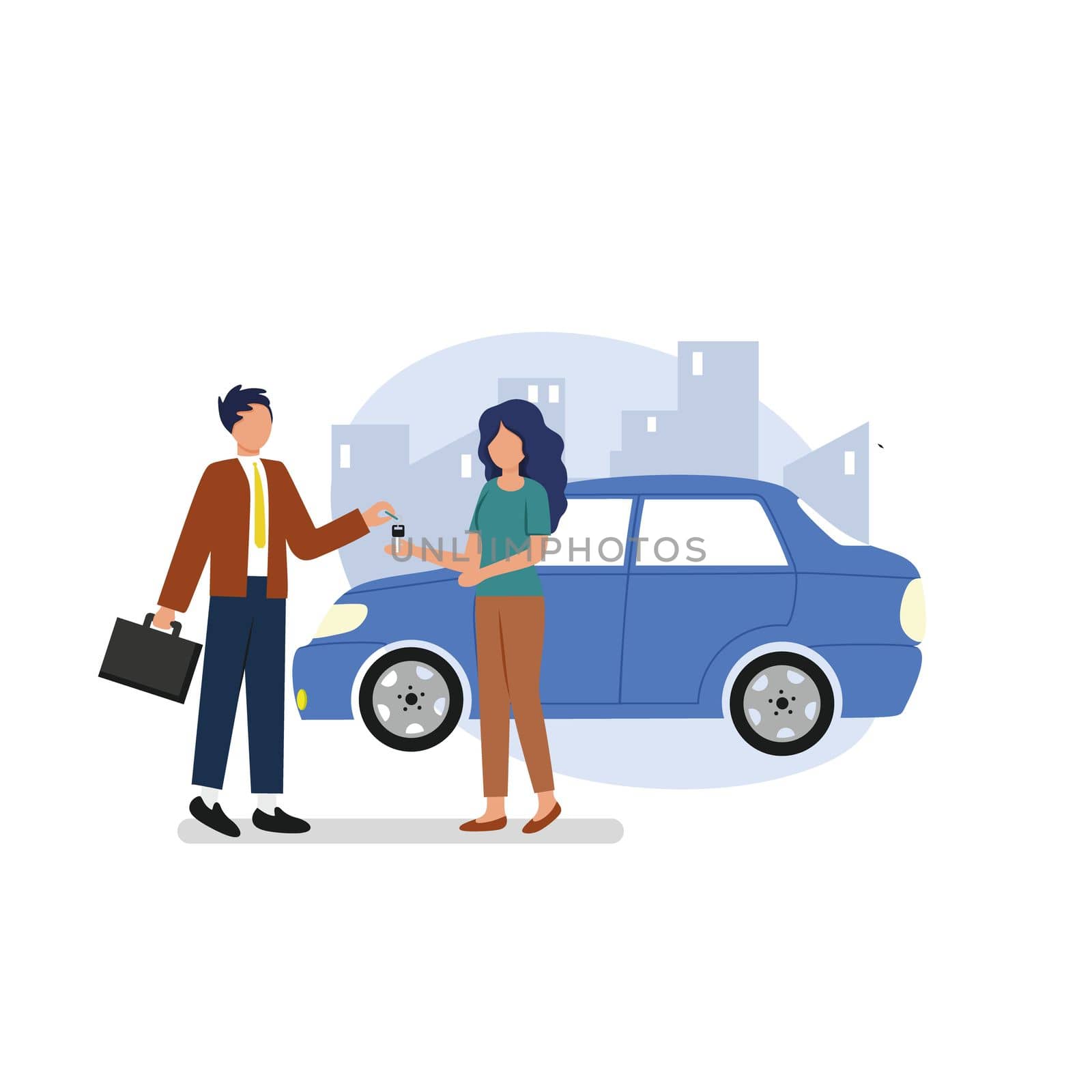 A male agent makes a deal with a female agent. Car sales and rentals