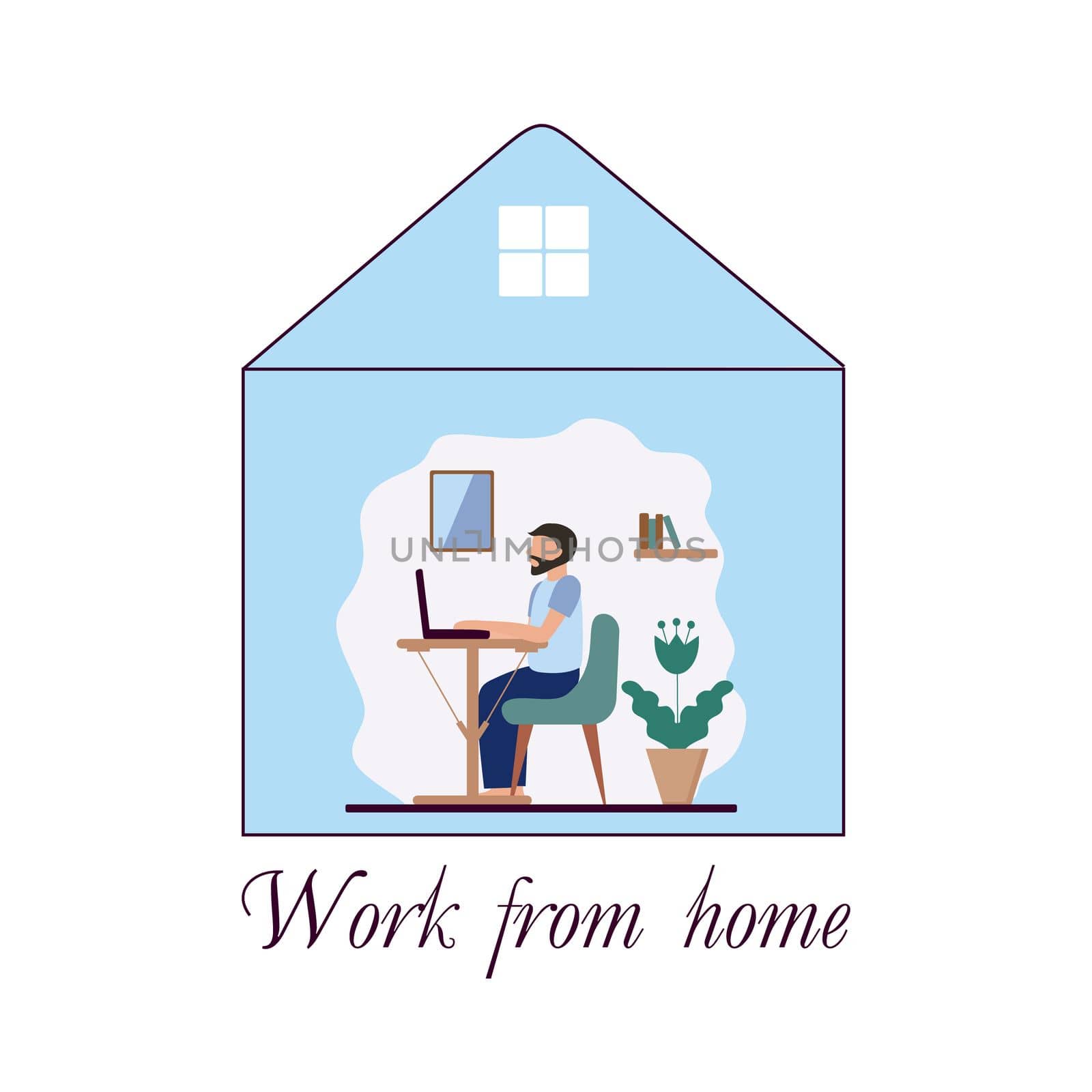 A man with a beard is sitting at home in home clothes and working on a laptop. Stylized vector illustration. The concept of freelancing, online training. Quarantine and self-isolation. by polinka_art