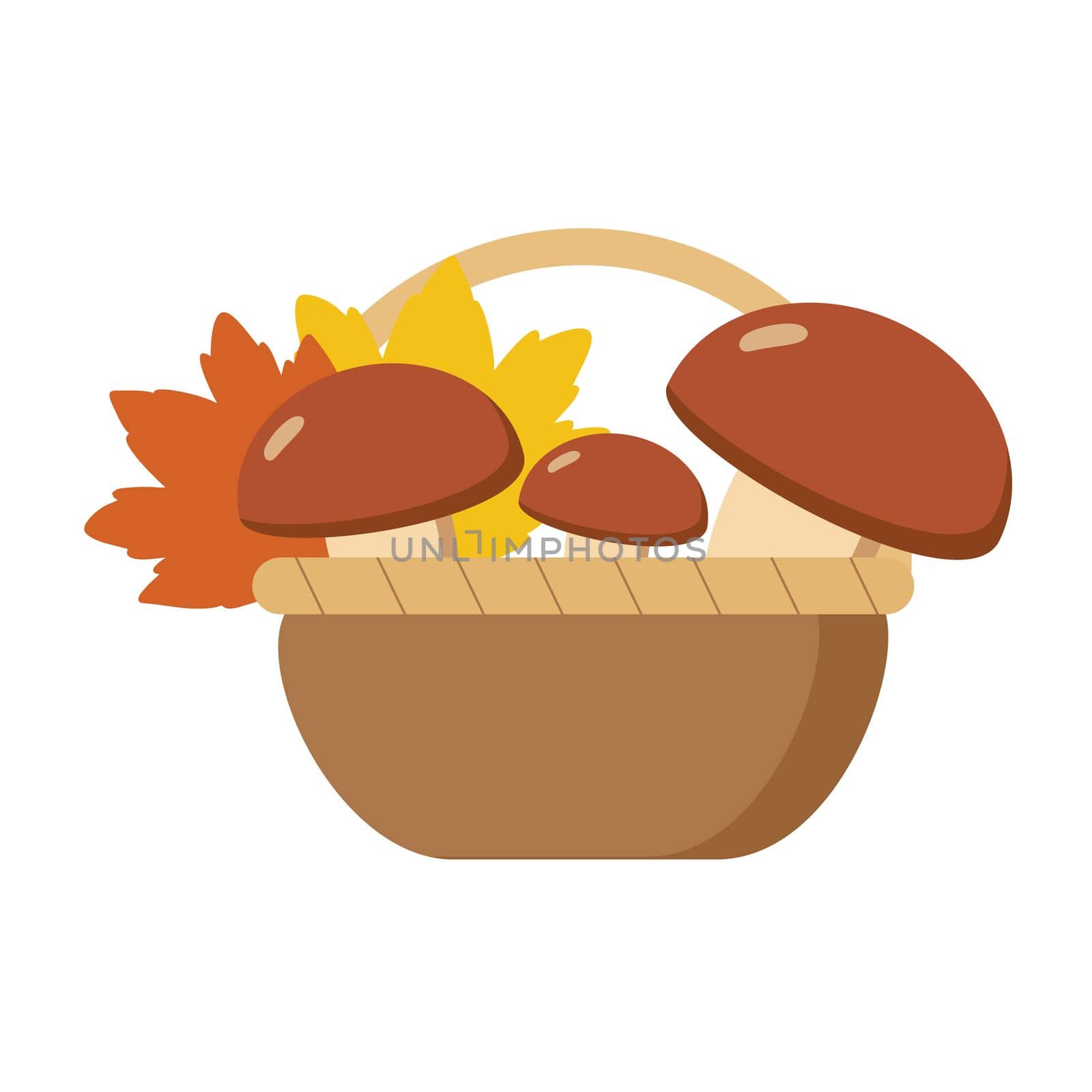Basket with autumn leaves and mushrooms isolated on a white background. Vector autumn flat cartoon illustration. A decorative element for an autumn card or holiday. by polinka_art