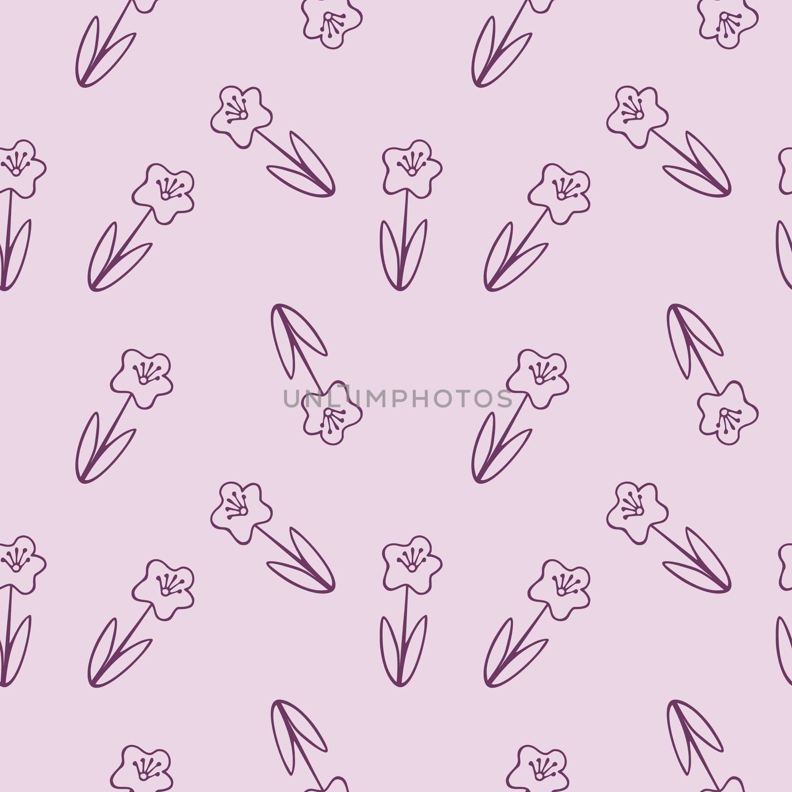 Endless seamless pattern with purple daisies on a pink background. Wallpaper for a girl's nursery, sewing clothes, packaging paper. Vector Doodle illustration. by polinka_art