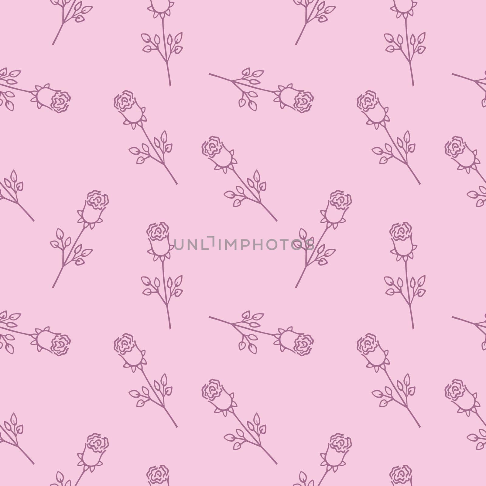 Seamless endless pattern with a pattern of purple roses on a pink background. Book cover, fabric for clothing and fashionable women's print, packaging paper. Vector pattern with a Doodle of a rose.