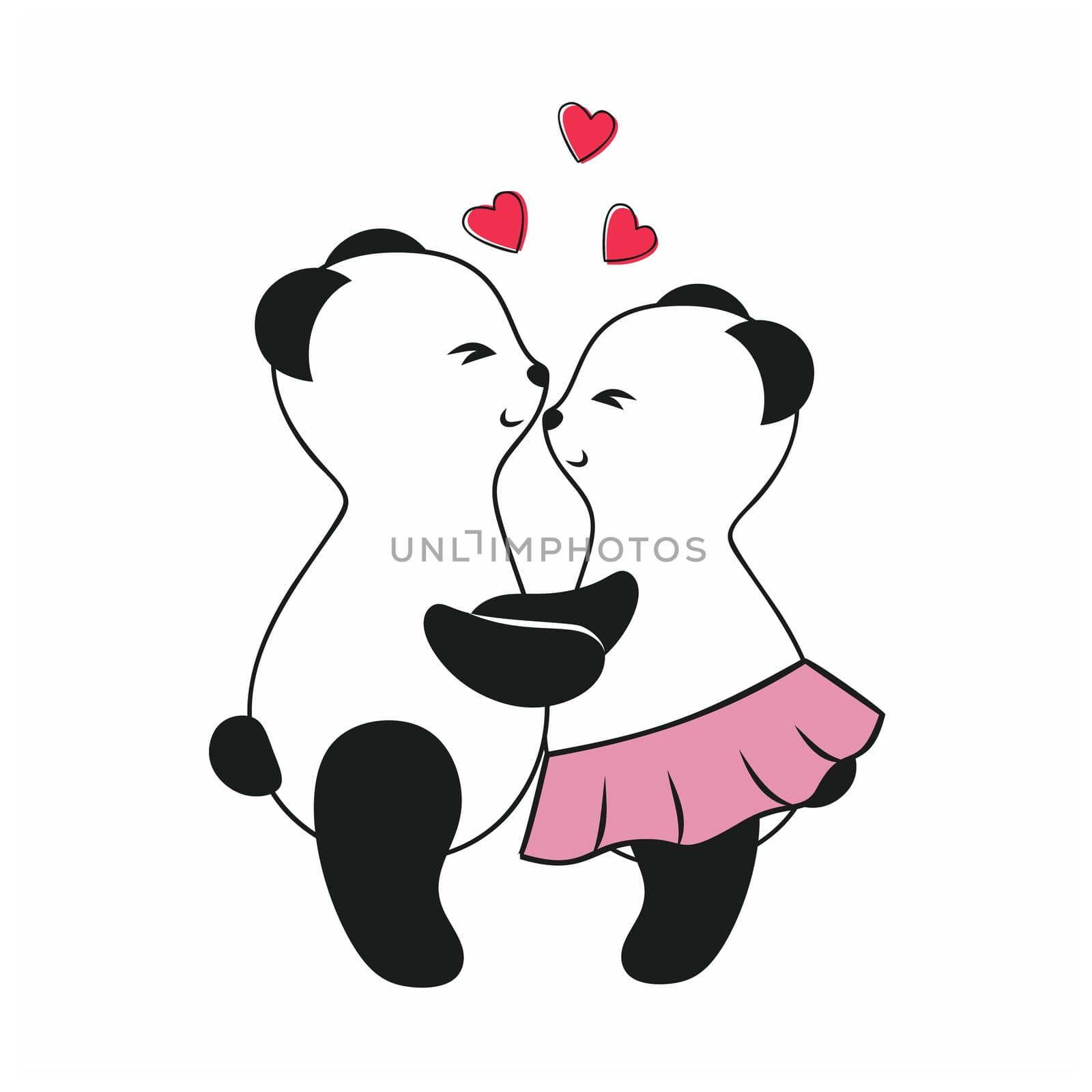 Two cute pandas hug and love each other. Vector cartoon illustration for Valentine's day. Drawing funny animals for kids boys and girls. Panda on a white background isolated