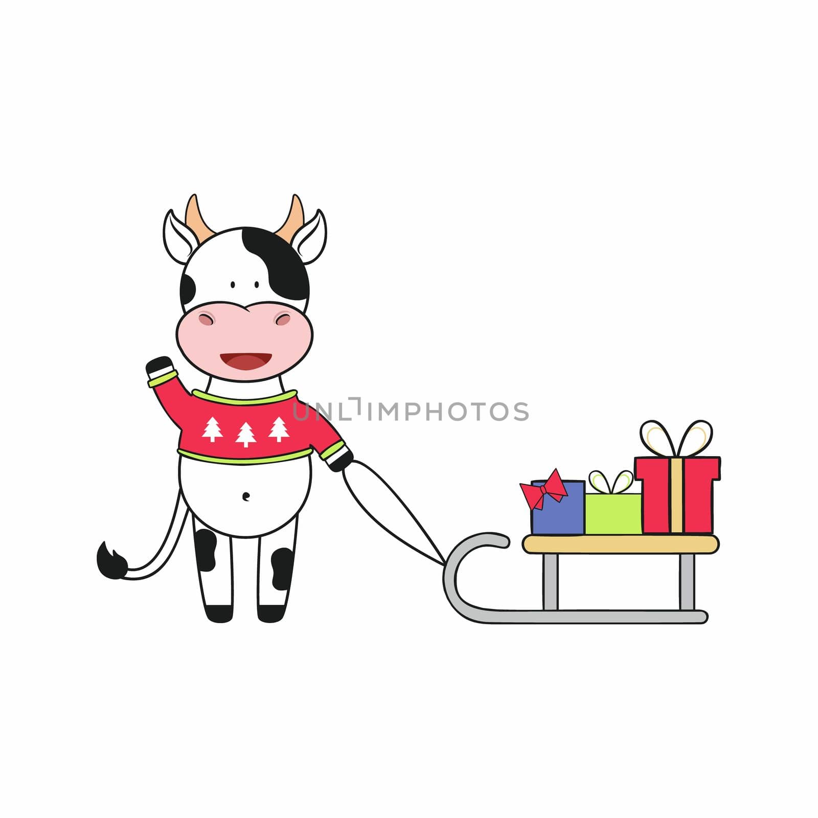 A bull in a sweater and a sled with gifts on it. Symbol of the year 2021 bull. Vector children's cartoon illustration for New year and Christmas. Design element of a postcard or sticker. by polinka_art