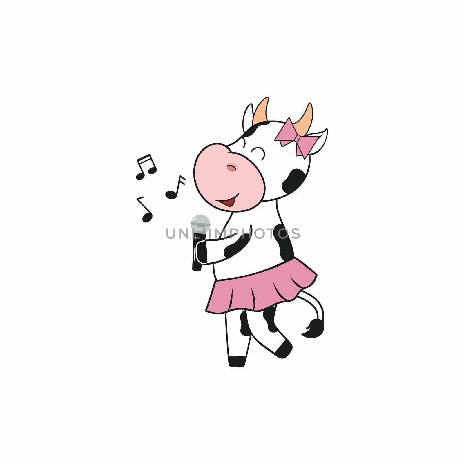 Cute cow in a skirt and with a microphone sings a song at a party. The symbol of 2021 is a bull isolated on a white background. Vector stylish cartoon illustration for the new year, scenes from life by polinka_art