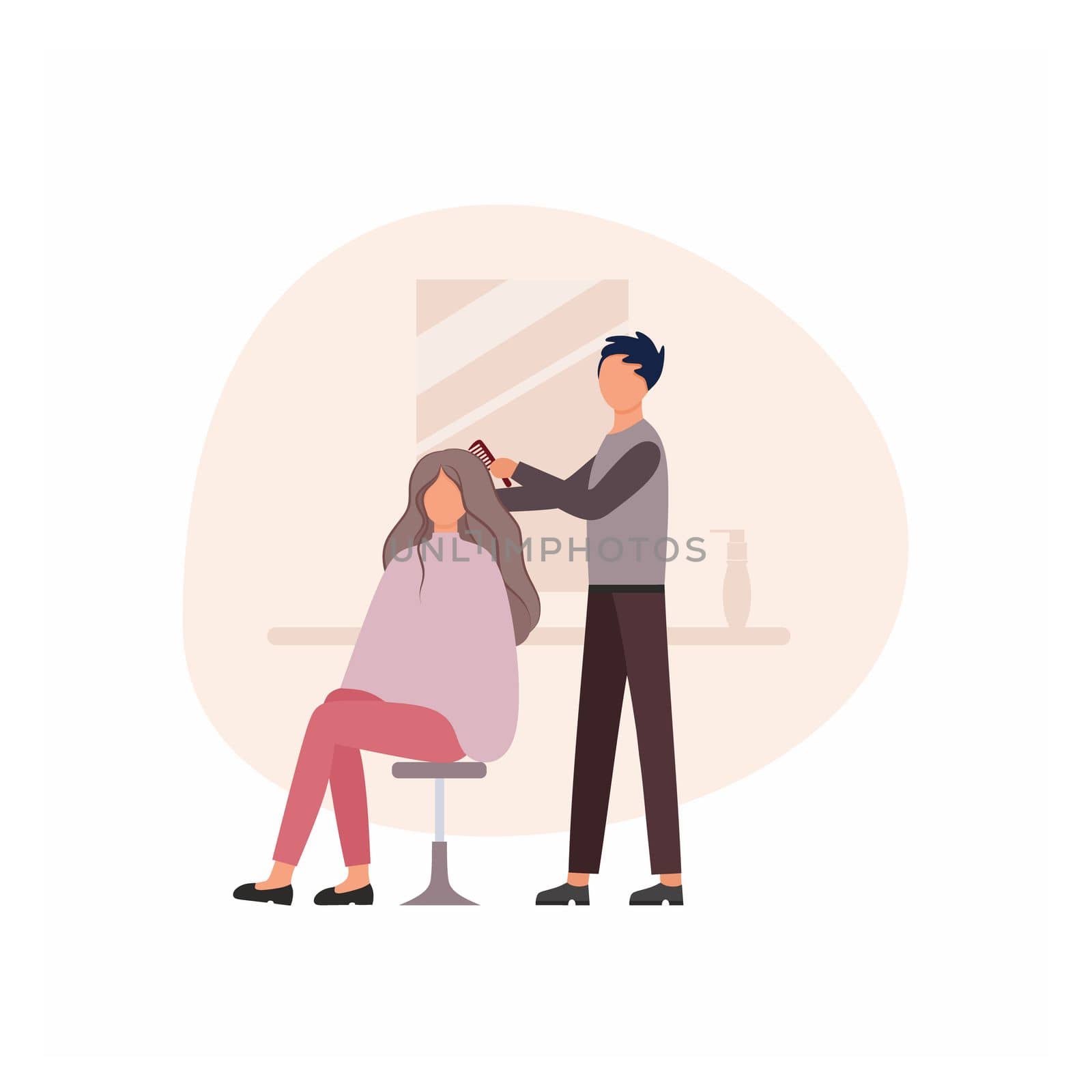 Barber a man does a girl's hair in a Barber shop next to the mirror. Concept of services of a hair salon, beauty salon, beauty Studio. Beauty and hair care, haircut. Vector flat cartoon illustration. by polinka_art