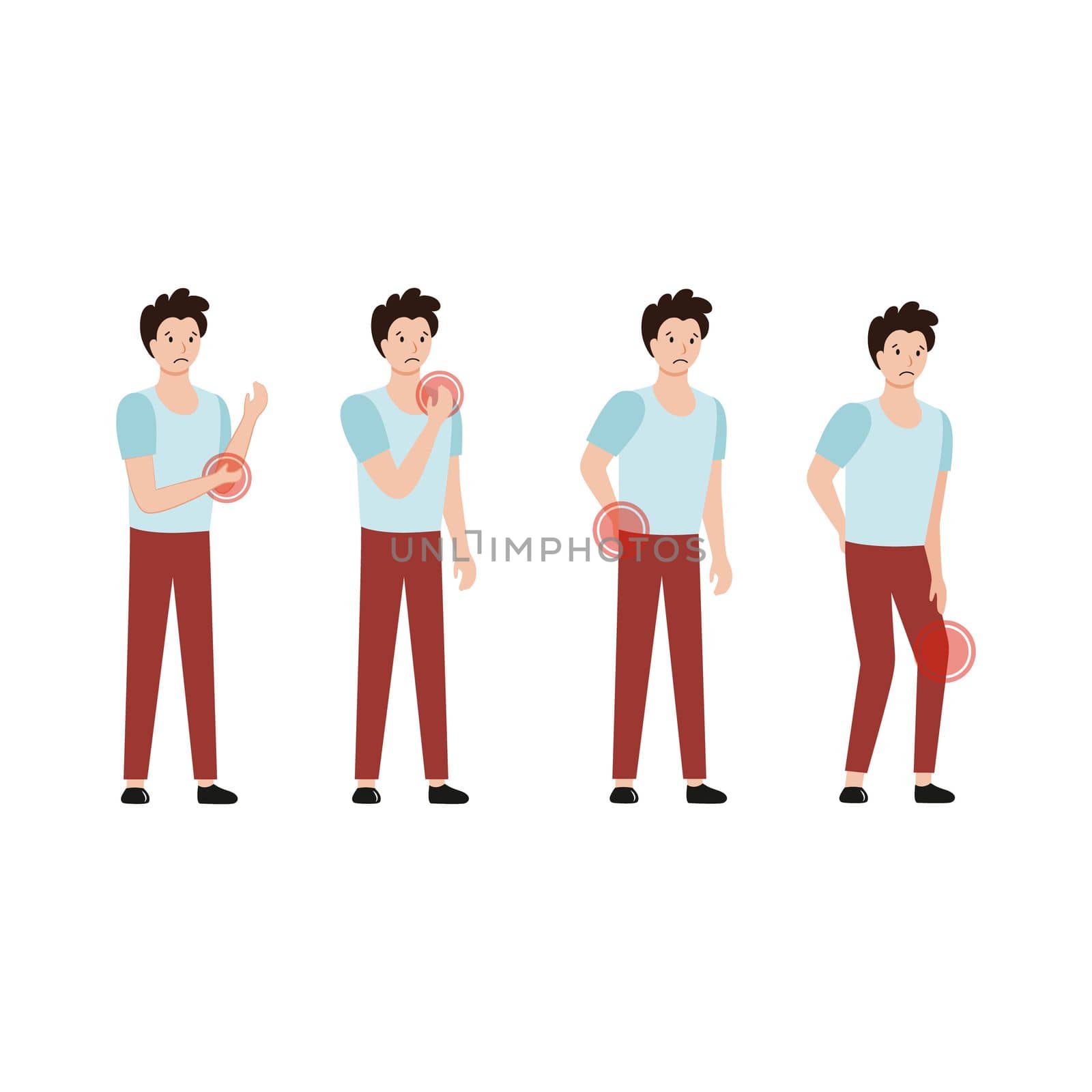 Set of vector illustrations. The man complains of pain in the joints, muscles and back. Drawing on the topic of medicine, diseases, chondrosis and spinal hernia. A patient at a doctor's appointment.. by polinka_art
