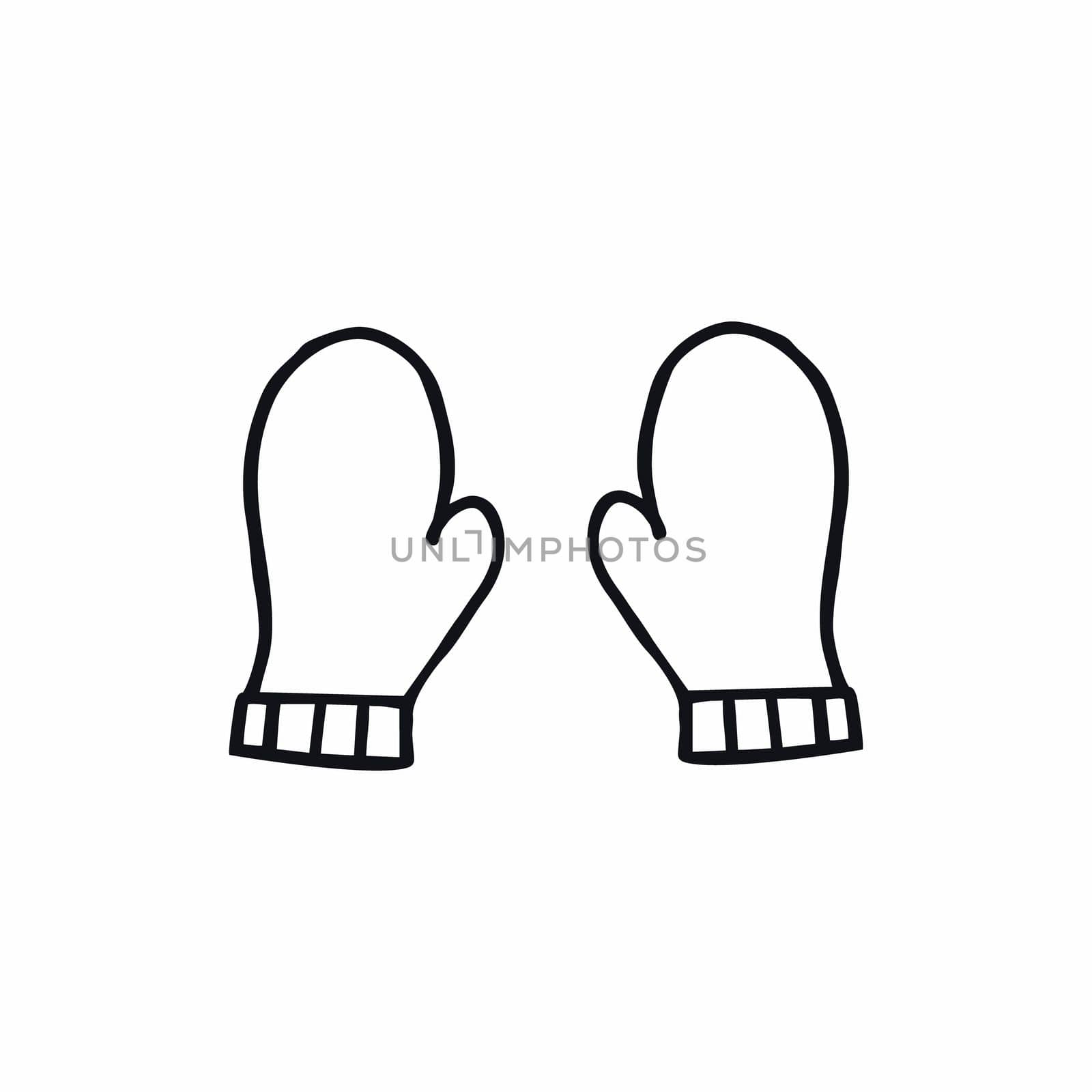 Black contour illustration of children's mittens on a white background. Doodle drawing sketch by hand. Mittens isolated on a white background. Winter clothing for children. Vector icon.