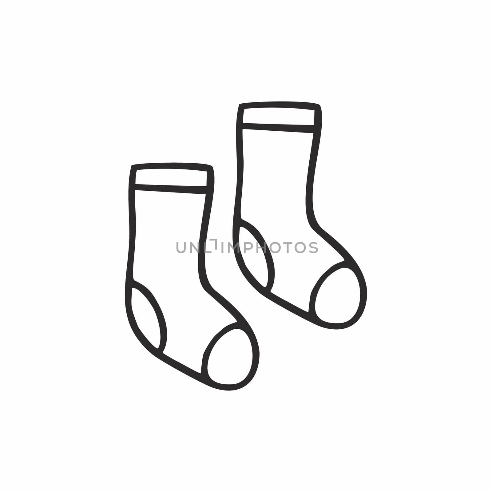 Two Doodle socks drawn with a single black contour line. Vector hand-drawn illustrations. Icon, pictogram, single element design.