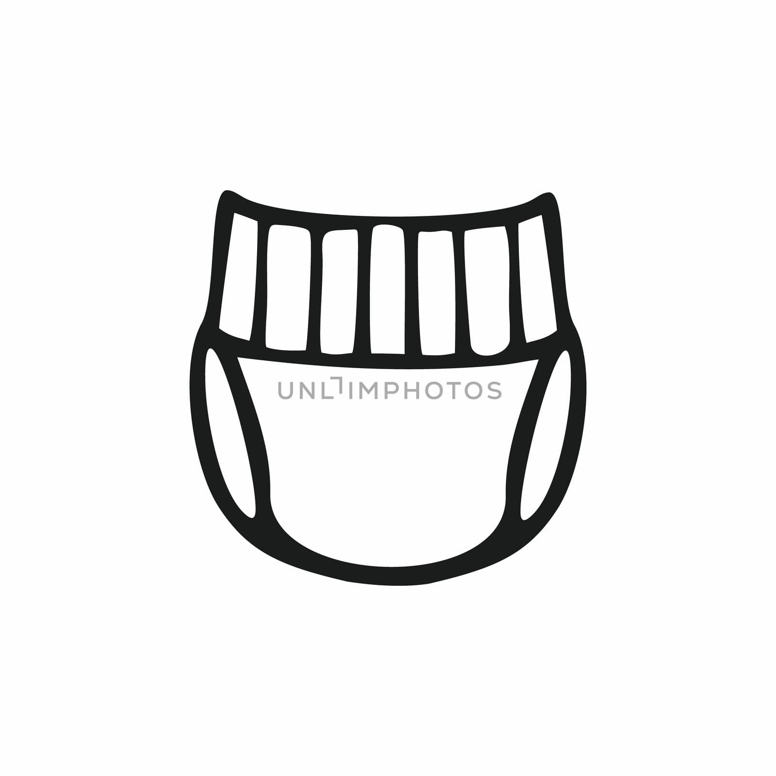 A diaper for a newborn baby drawn with a black line. Diaper isolated on a white background. Vector Doodle illustration. Skin and child health care. Baby clothes, icon, pictogram.