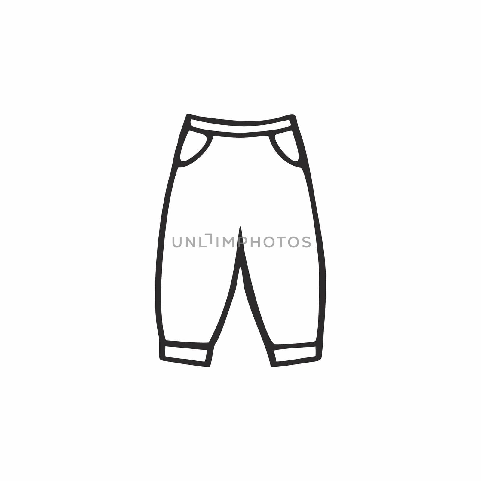 Pants for a child isolated on a white background. Vector Doodle illustration of clothing for children. Jeans and trousers drawn with a contour line by hand. Children's drawing of clothes for walking. by polinka_art