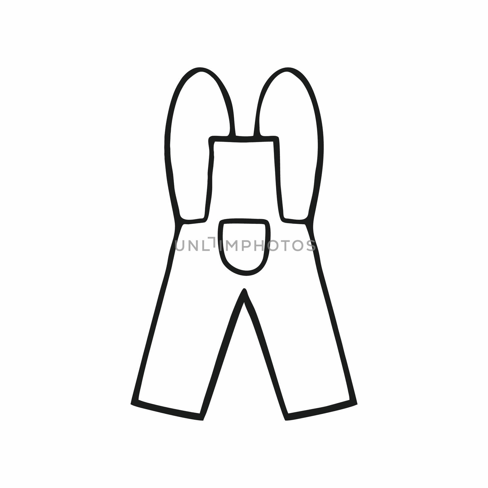 Children's jumpsuit with pants drawn by hand. Vector icon of children's clothing isolated on a white background. Contour Doodle illustration for stickers, booklets, and postcards. Things for newborns.