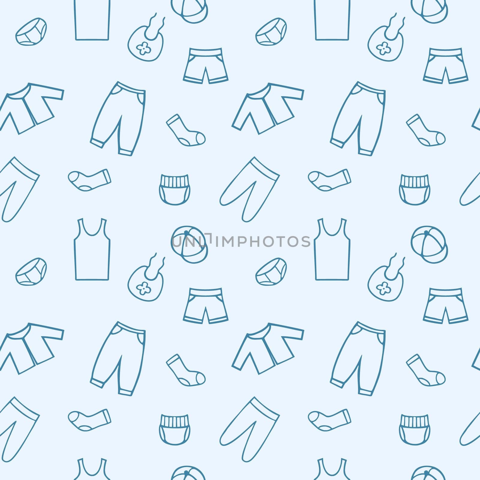 Blue endless pattern for a boy with Doodle clothing drawings. Seamless background in the children's room, tailoring, Wallpaper for your phone. Packaging paper design. by polinka_art