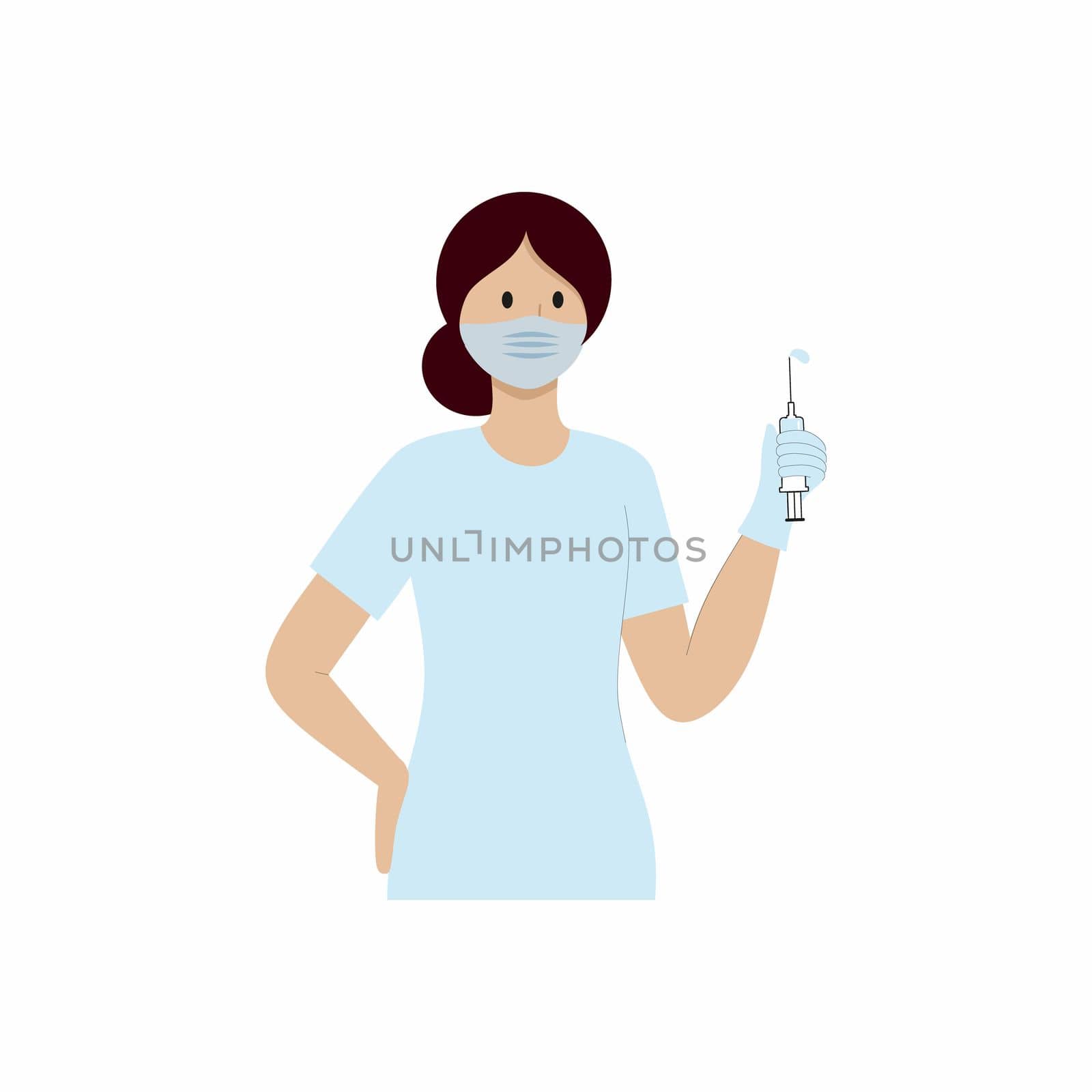 A nurse holds an injection for diseases. Vector flat cartoon illustration. The concept of coronavirus, pandemics and treatment of diseases. Infographics for the hospital's app or website.