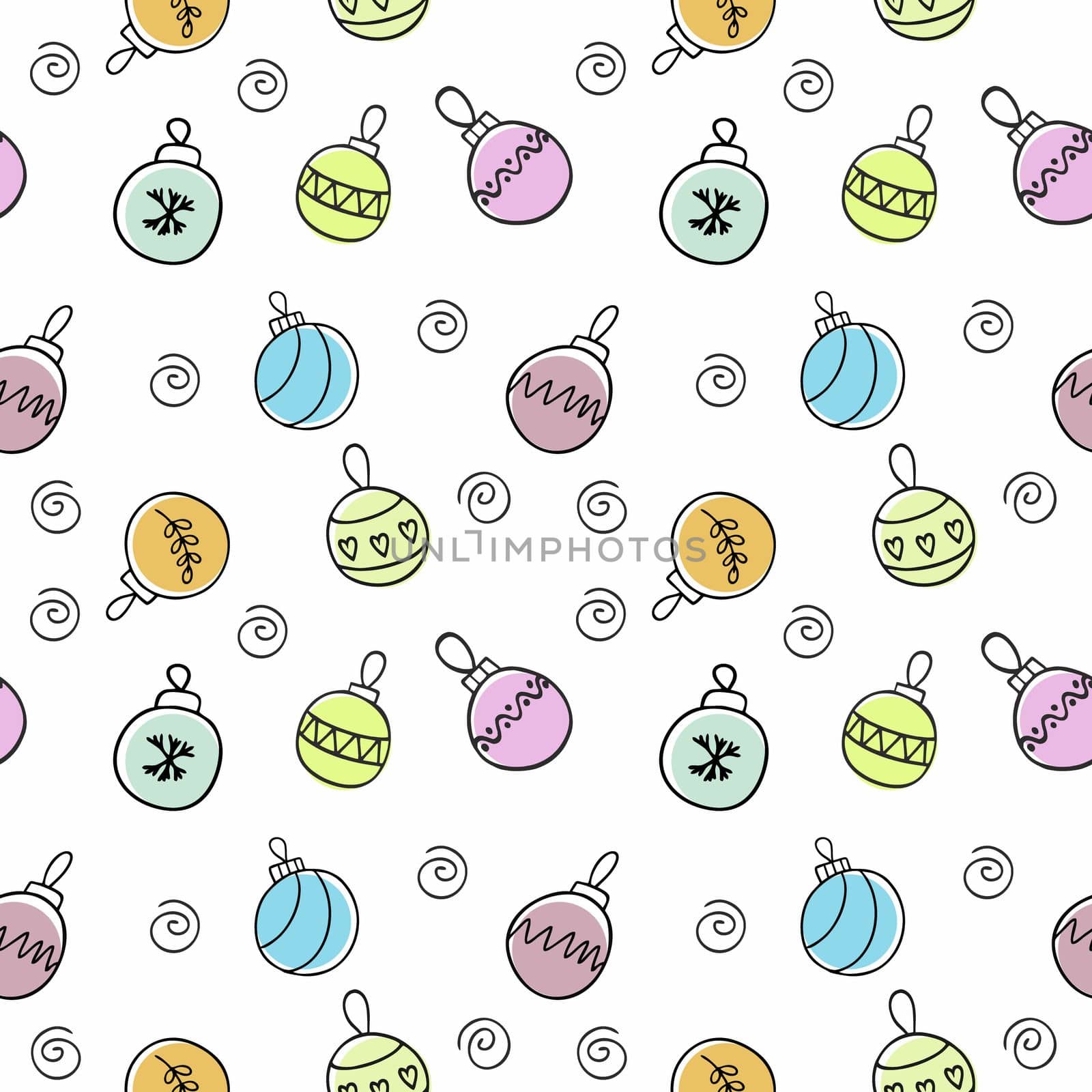 Endless seamless pattern with multi-colored Christmas tree balls for new year and Christmas. Children's handwriting for the holiday. Wallpaper for textiles, covers, packaging paper.