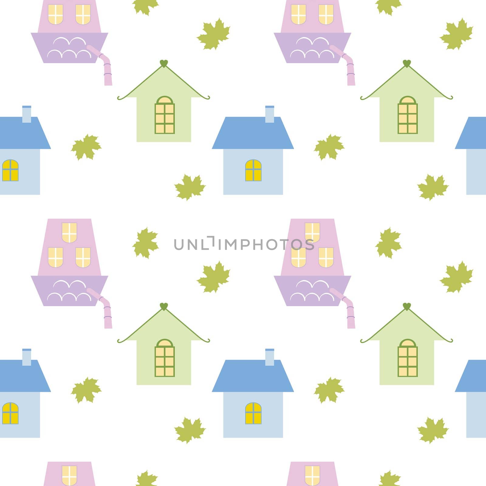 Seamless background of houses and maple leaves on a white background. Children's vector cartoon illustration, pattern. Wallpaper for children's room, textiles, clothing, drawing for a book, cover by polinka_art