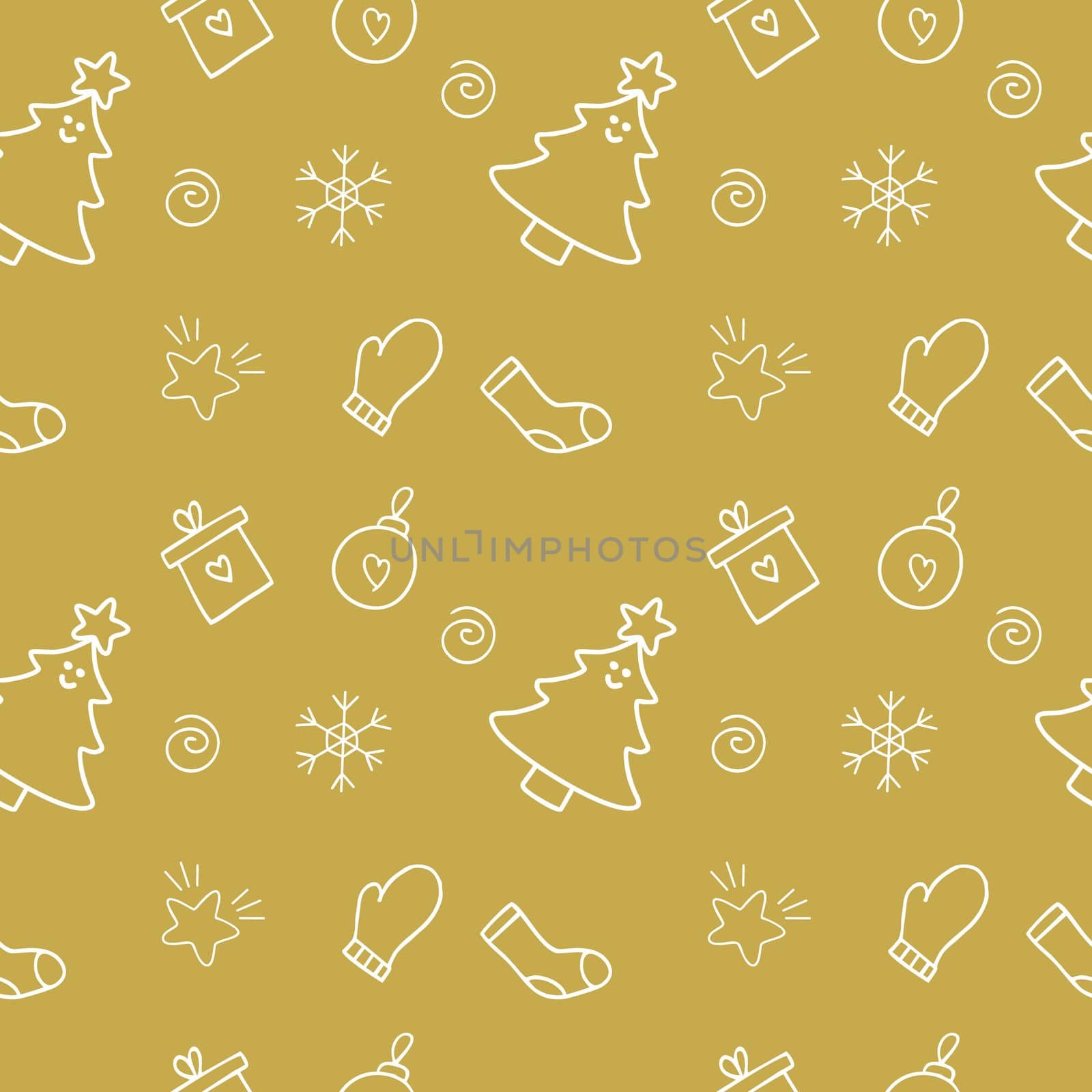 Vector Christmas Doodle collection on a Golden background. Christmas vector pattern for textiles, clothing, packaging paper. New year and Christmas. Seamless endless background