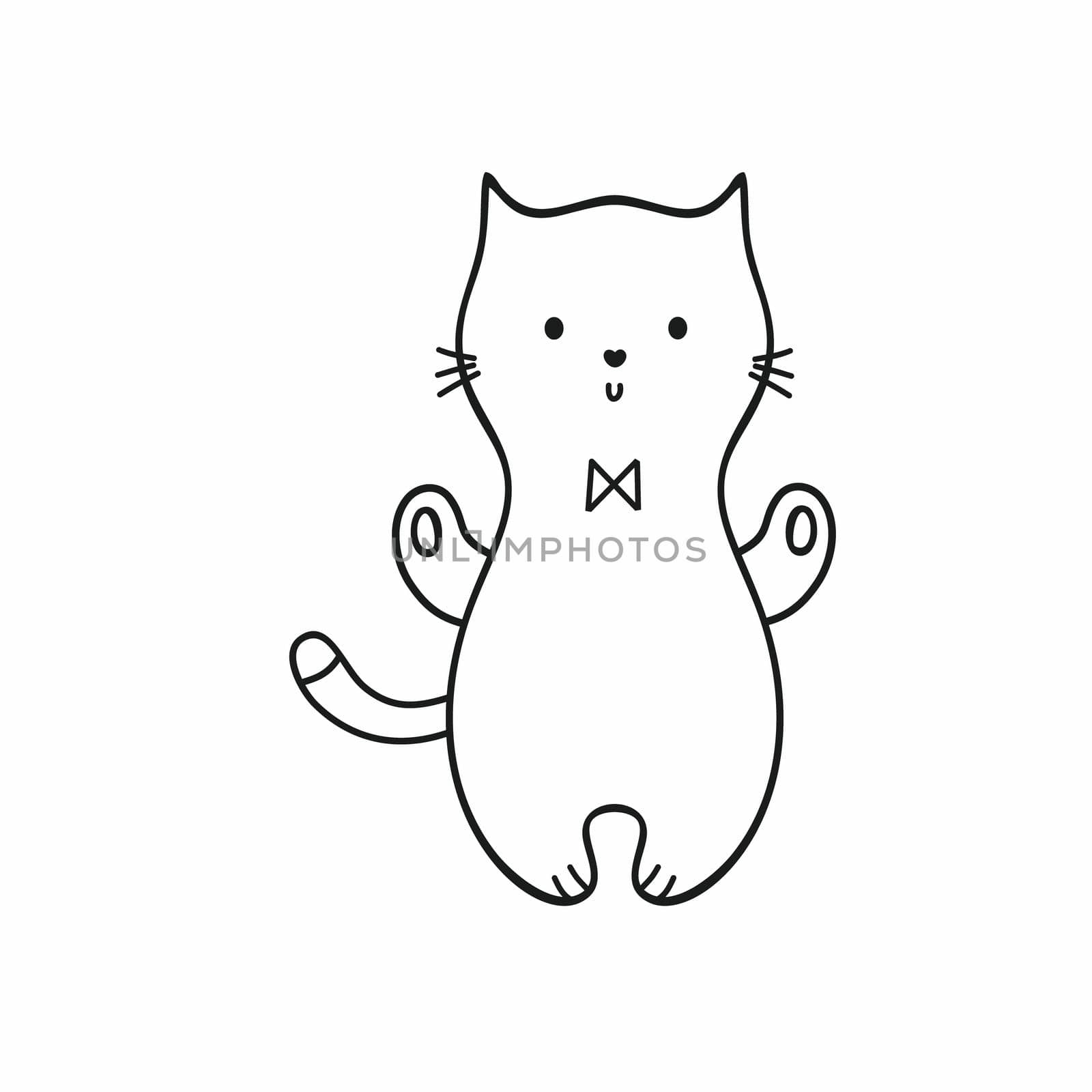 Contoured kitten with a bow tie on the chest. Vector simple Doodle illustration of a cat in a minimalistic style. Element for decorating a holiday, postcard, or Notepad by polinka_art