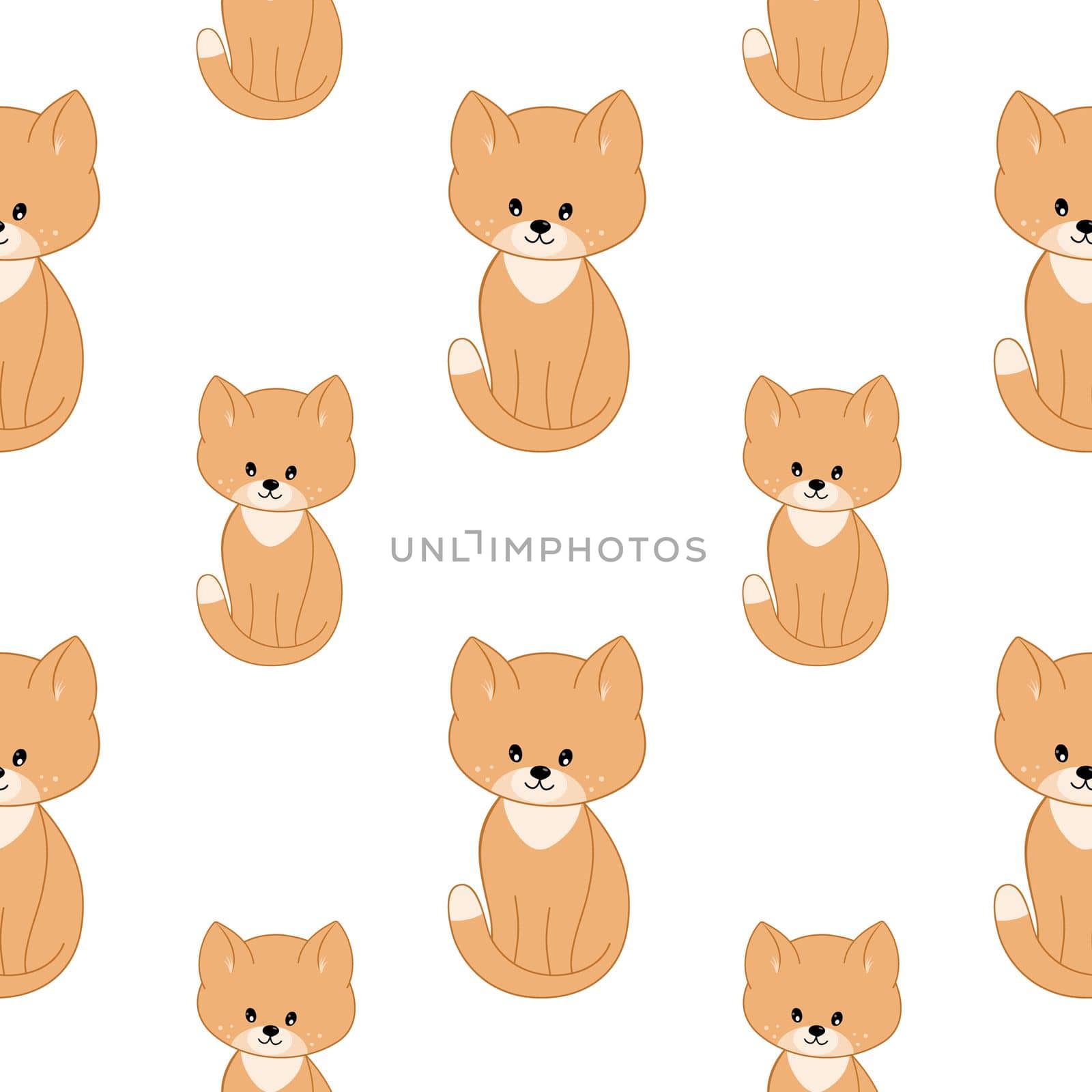 Cute kittens and cat isolated on white background. Vector pattern with cats for children's room,. Seamless endless background for printing on fabric, packaging paper, clothing. by polinka_art