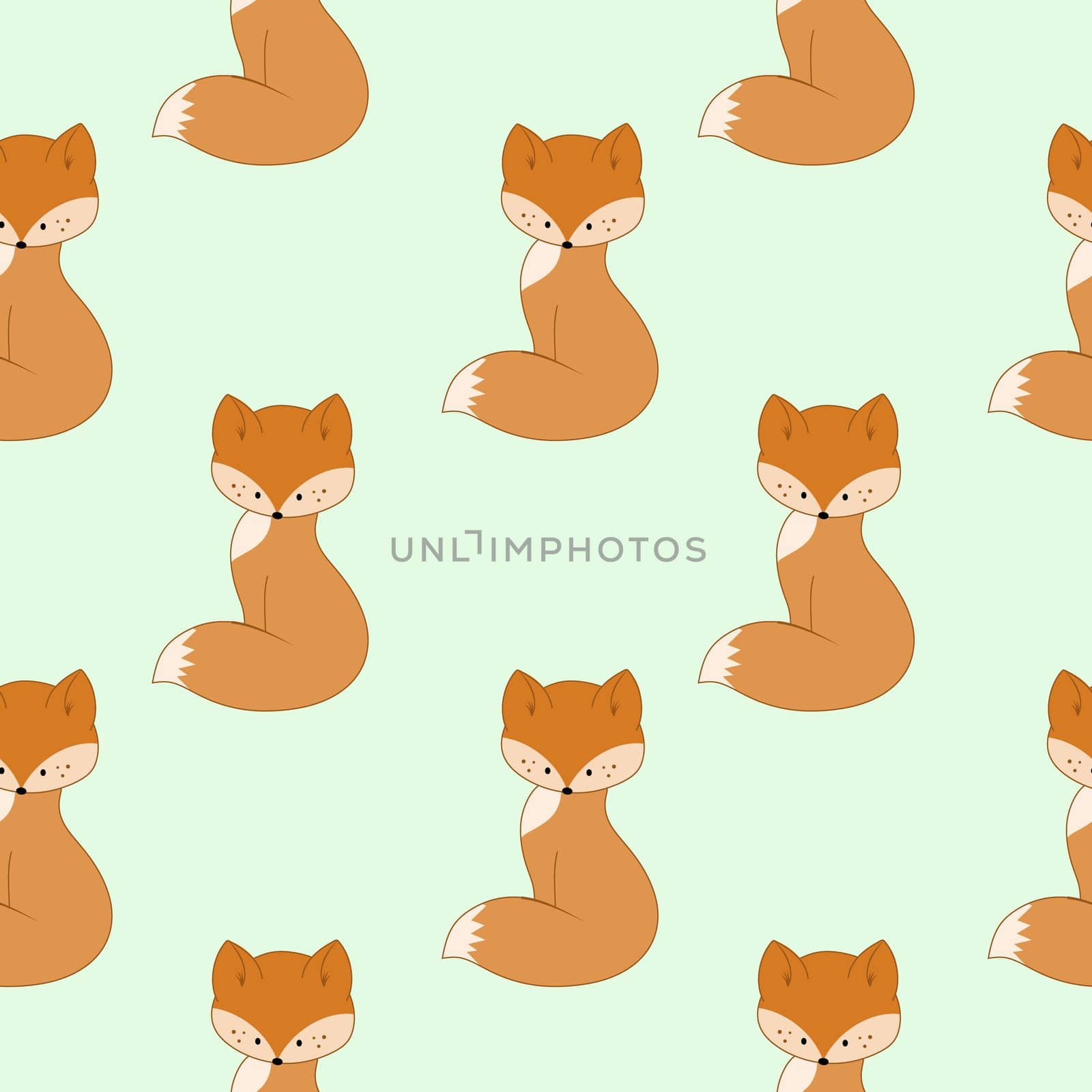 Cute cartoon Fox pattern on green background. Seamless endless background for print, cover, wrapping paper, tailoring. Children's vector illustration.