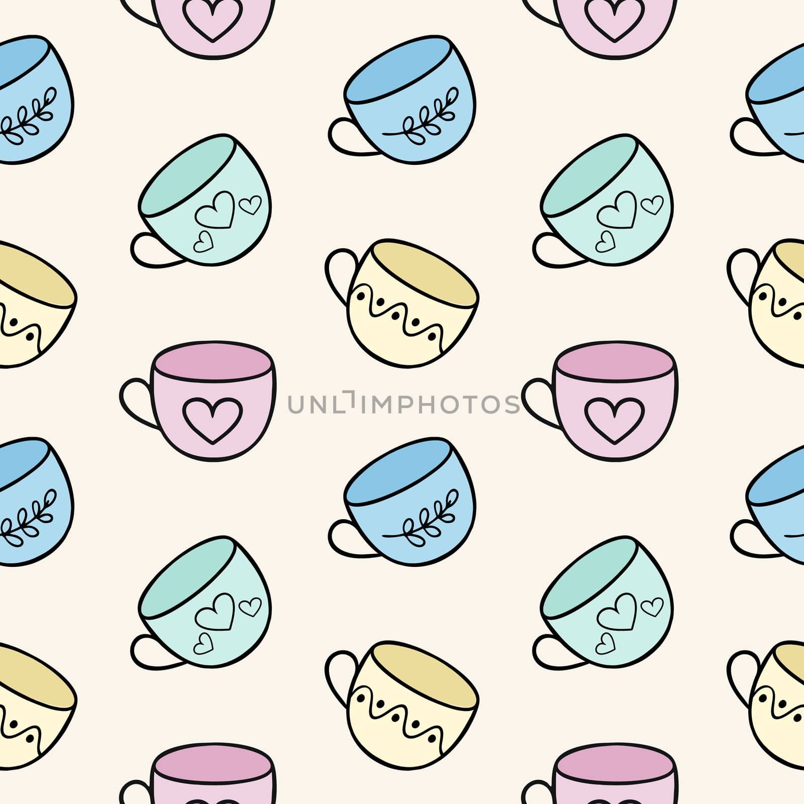 Endless seamless background with tea mugs. Template for the menu of a dining room, cafe or restaurant. Children's cartoon illustration of doodles with cups . Printing on fabric, clothing, and paper. by polinka_art