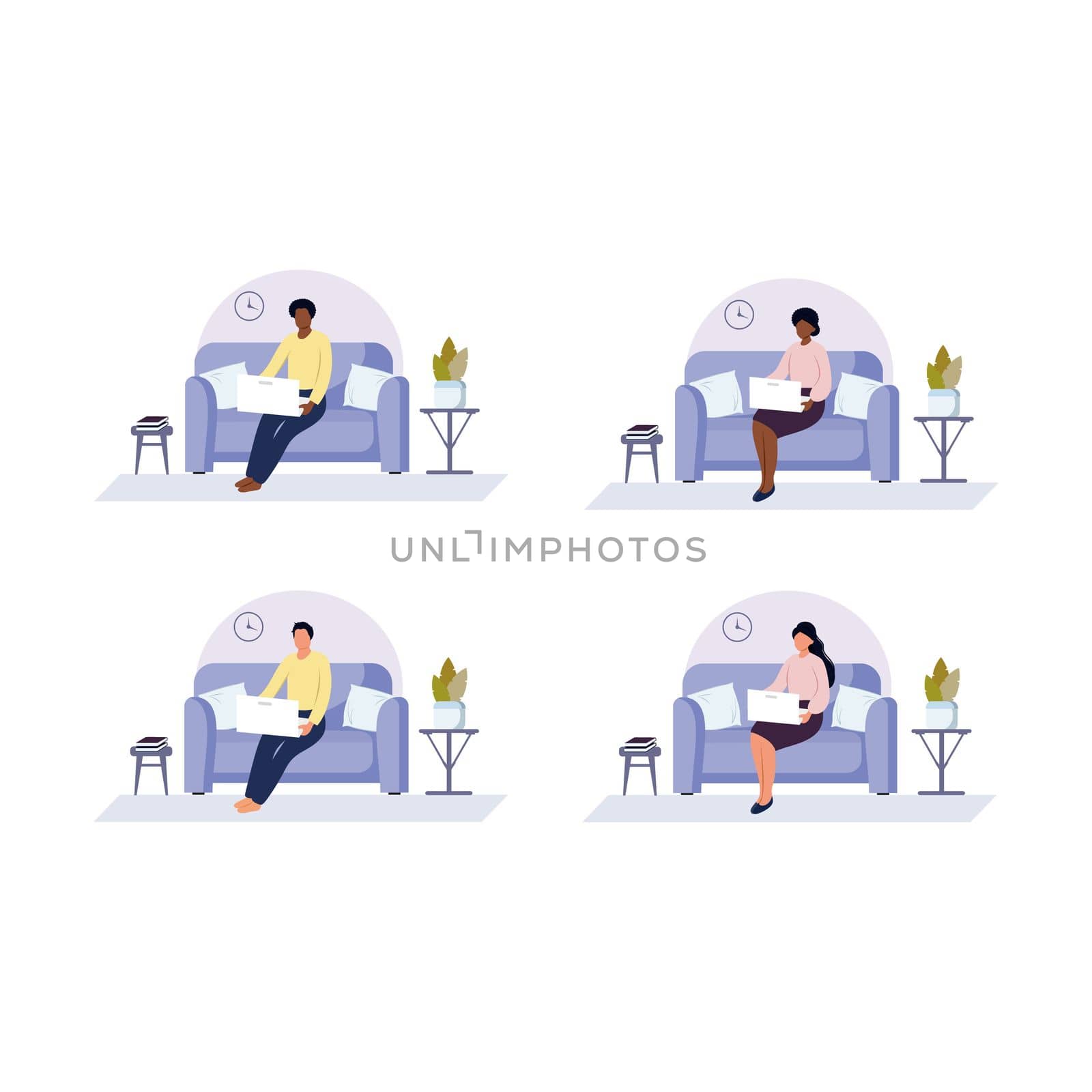 Vector flat illustration. Set on the topic work at home remotely online. Distance learning, home office, business illustration. by polinka_art