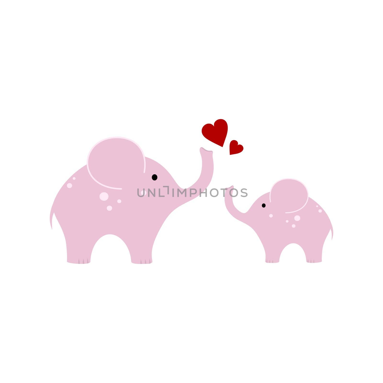 Drawing of a pink elephant for a girl isolated on a white background. Cute children's cartoon illustration. Mom and baby in the world of animals and wildlife. Image for a poster in the children's room. by polinka_art