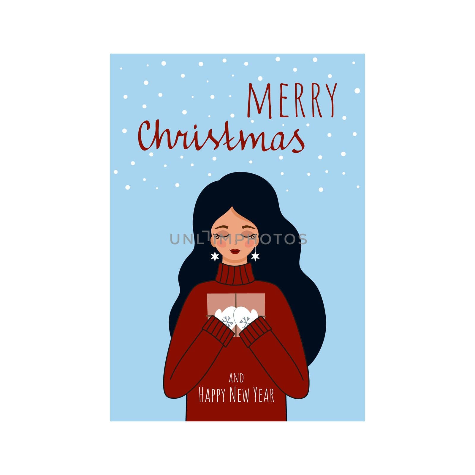 Happy Christmas and new year. A beautiful girl is happy with a letter and a gift. Vector greeting card with novys 2021. Flat cartoon illustration on a winter theme.  hand lettering calligraphy.