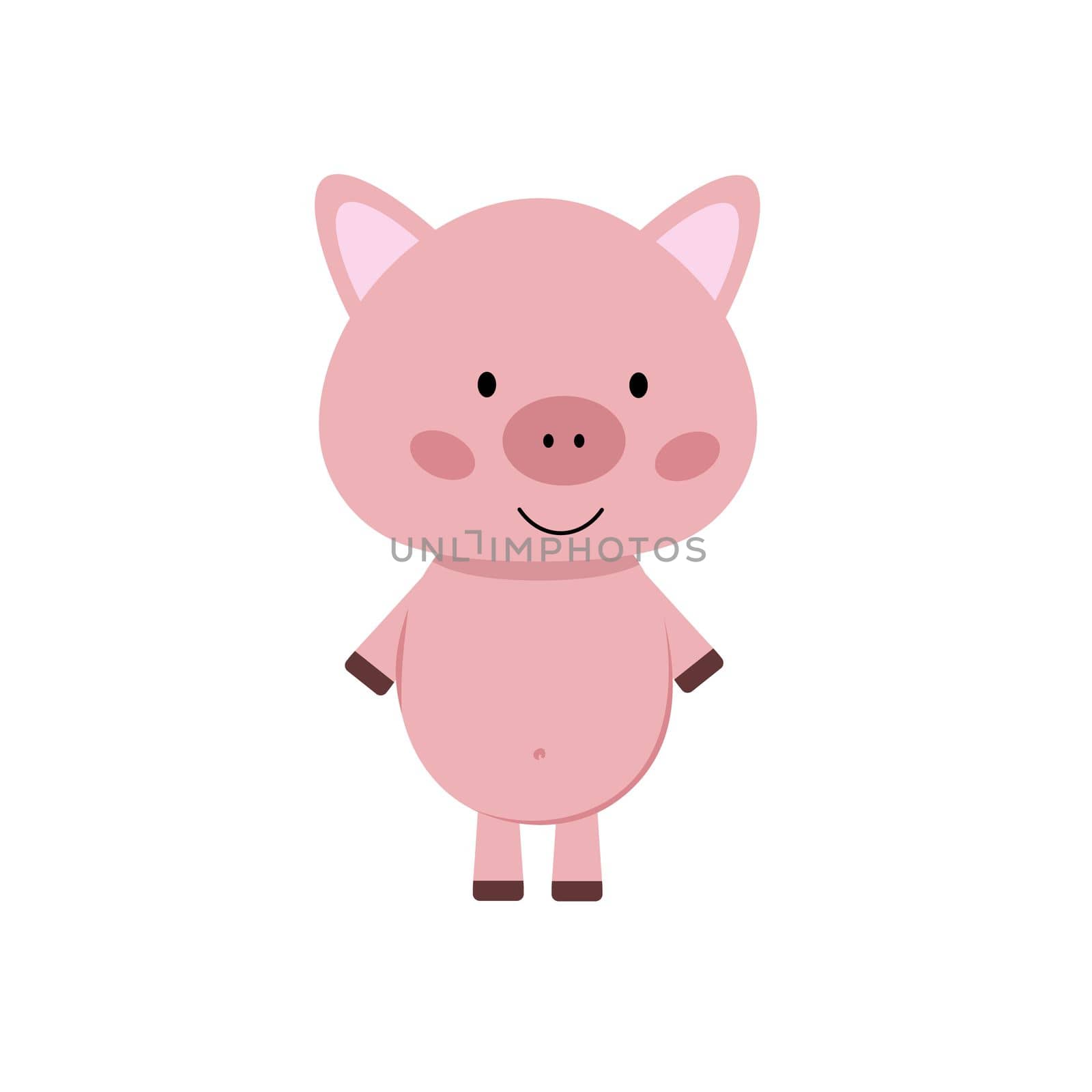 Cute pink pig isolated on white background. Vector flat illustration with a hero for children's books, sewing clothes, educational cards. Single element for sticker design  Pet