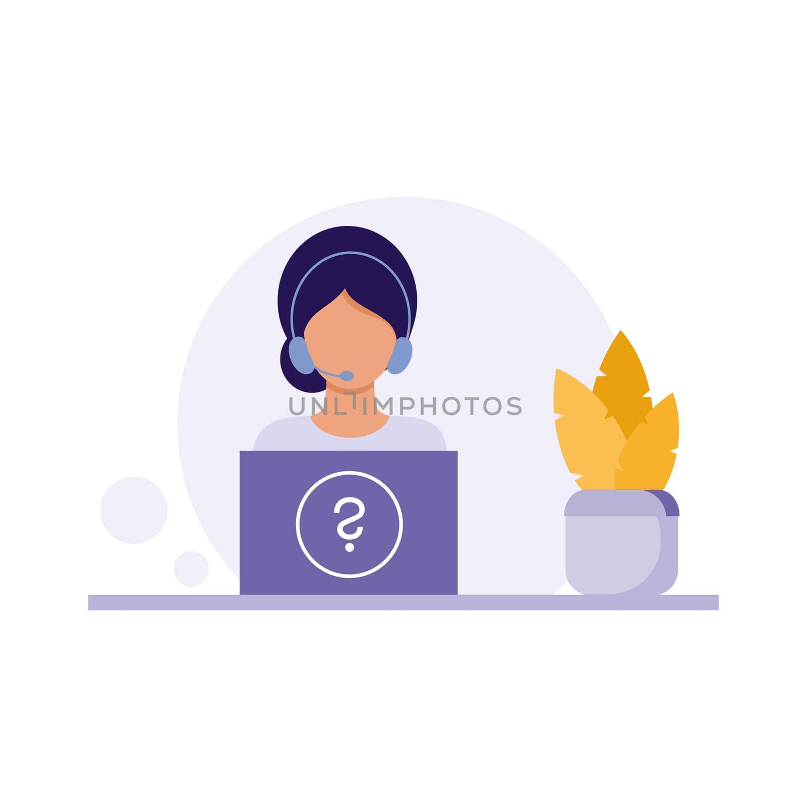 A call center specialist and technical support Manager sits at  laptop with headphones and works with email. Vector flat cartoon illustration. The girl works at the computer without leaving the house. by polinka_art