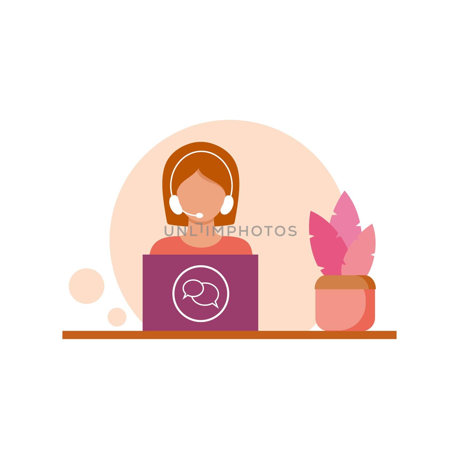 A call center or support Manager is sitting at a laptop. A technical support specialist with headphones and a microphone is working at the computer. by polinka_art