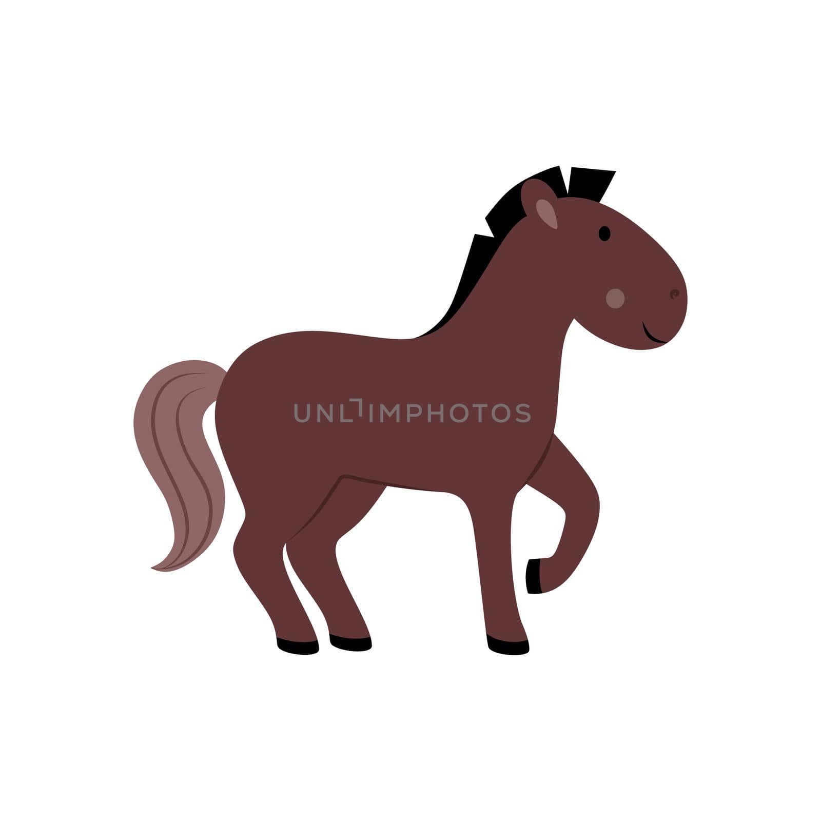 Children's drawing of a horse. Illustration with a horse for a children's book, alphabet, educational cards. Horse isolated on a white background. Pets on the farm