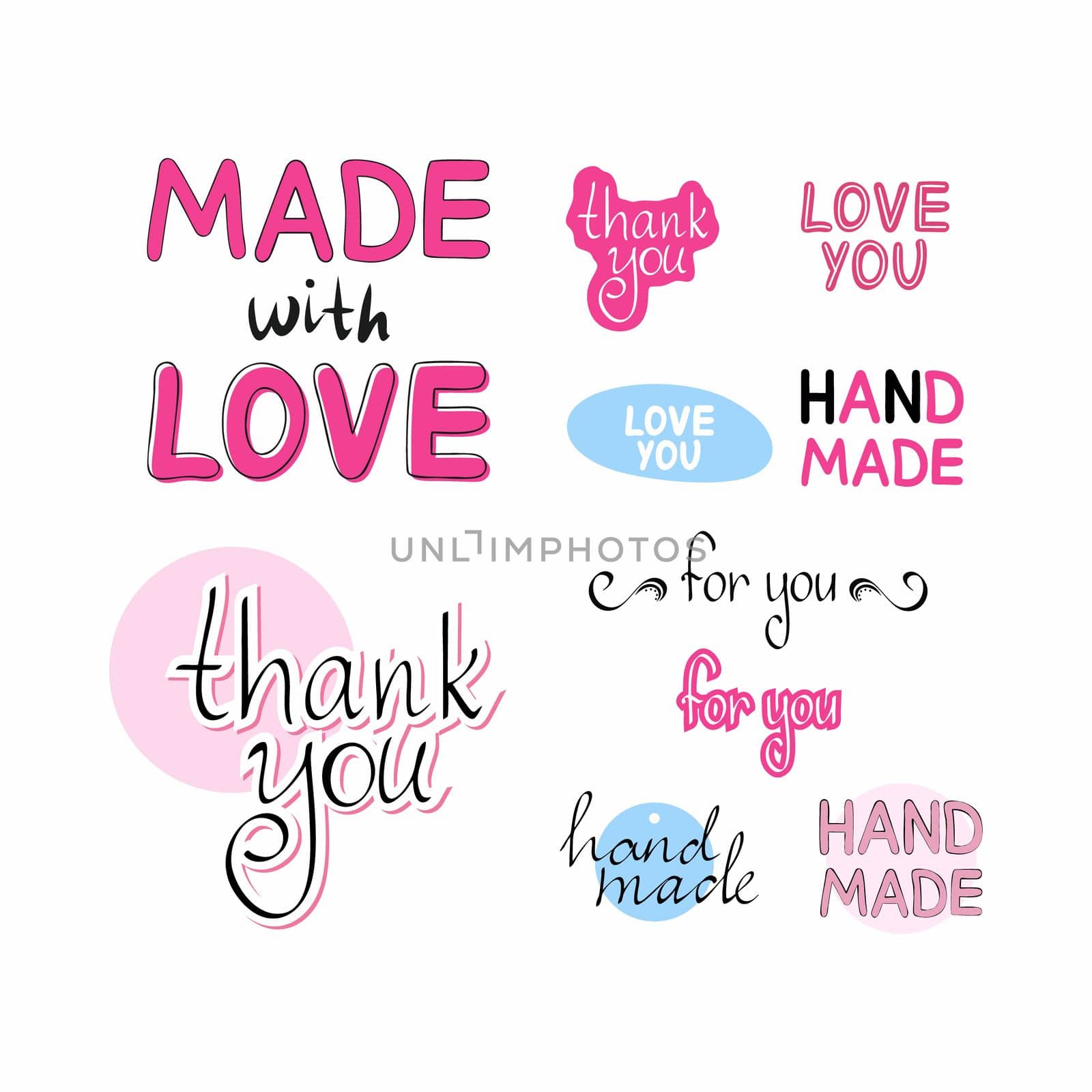 A set of labels for handmade products. Made with love, thank you, handmade. Lettering by hand needlework.