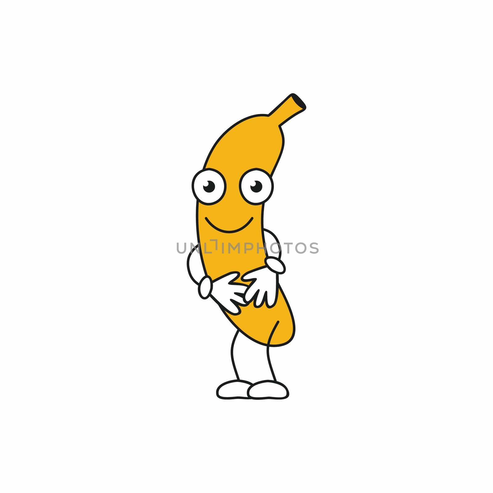 Banana with a face and a smile. Good mood. Vector of a cartoon character. Fruit emoticons.